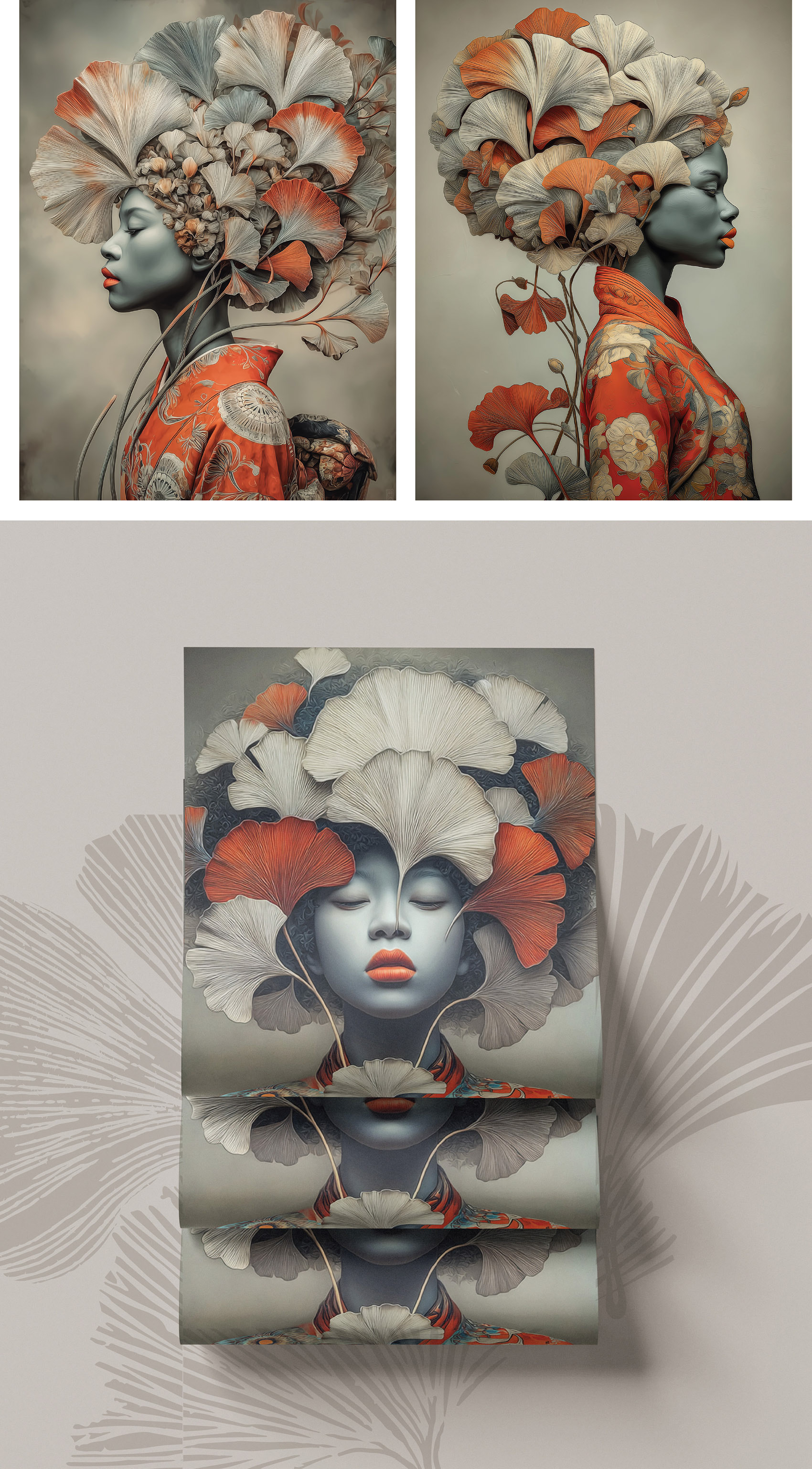 Two profile-view illustrations of the figure in her ginkgo headdress, one holding a single ginkgo branch, shown above Italian narrative text and a cascading multi-panel arrangement of the same portrait repeated in a folded, layered composition.