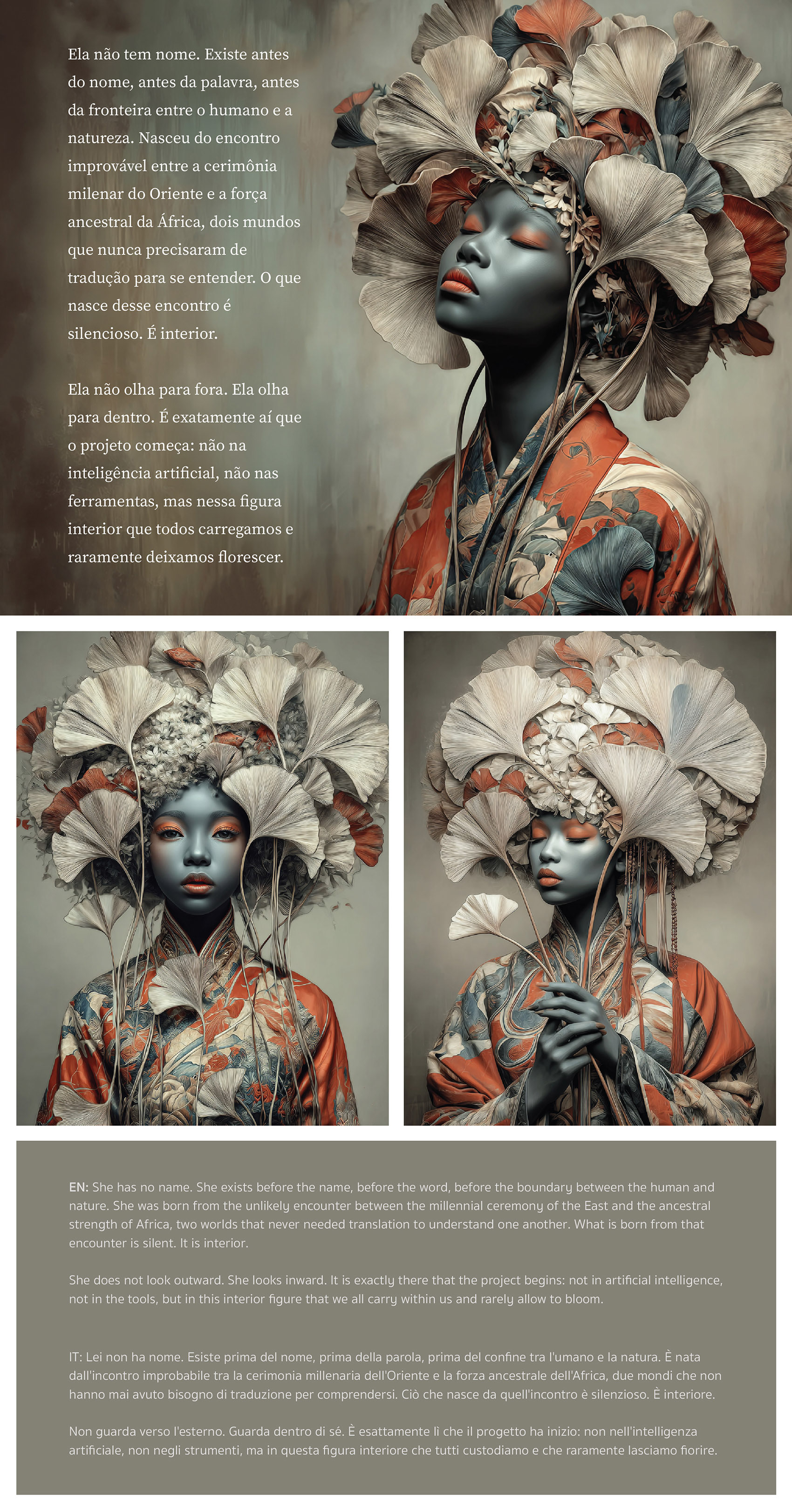 Bunga narrative spread pairing a block of Portuguese text with three portrait variations of the figure in her ginkgo headdress and orange kimono, including one with gold drop earrings and one with hands clasped together, closing with the English translation of the same text below.