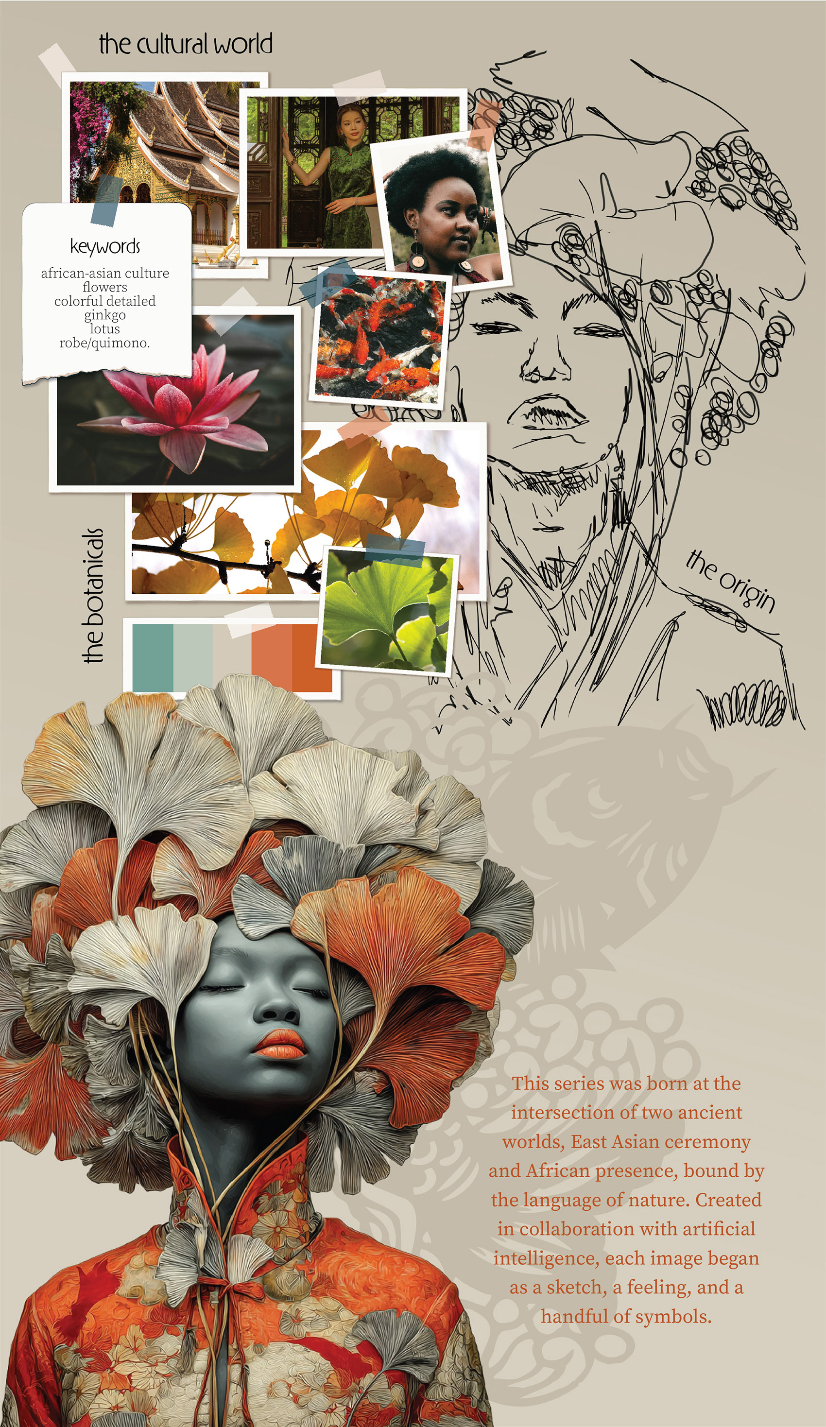 Bunga moodboard page titled "the cultural world" and "the botanicals," showing reference photos of temple architecture, a woman in a green qipao, a woman with a natural afro, a lotus flower, and ginkgo leaves, alongside a keywords card, a teal and orange color palette, a pencil sketch of the figure's head, and the finished illustration at the bottom.