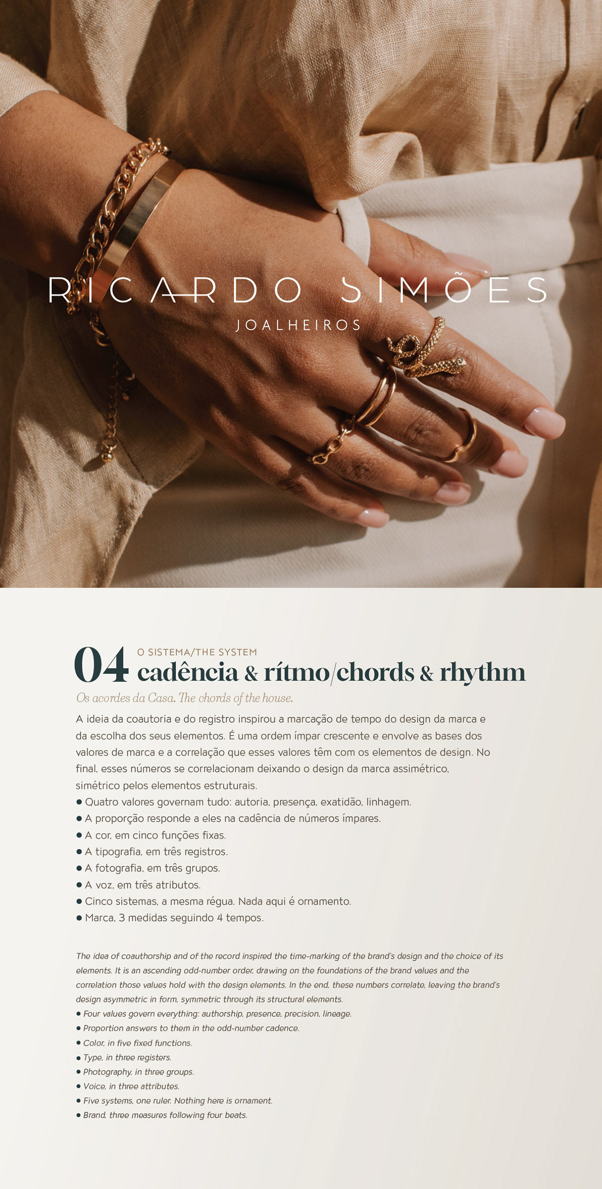 Design system overview, cadence and rhythm, with a hand wearing stacked gold rings.