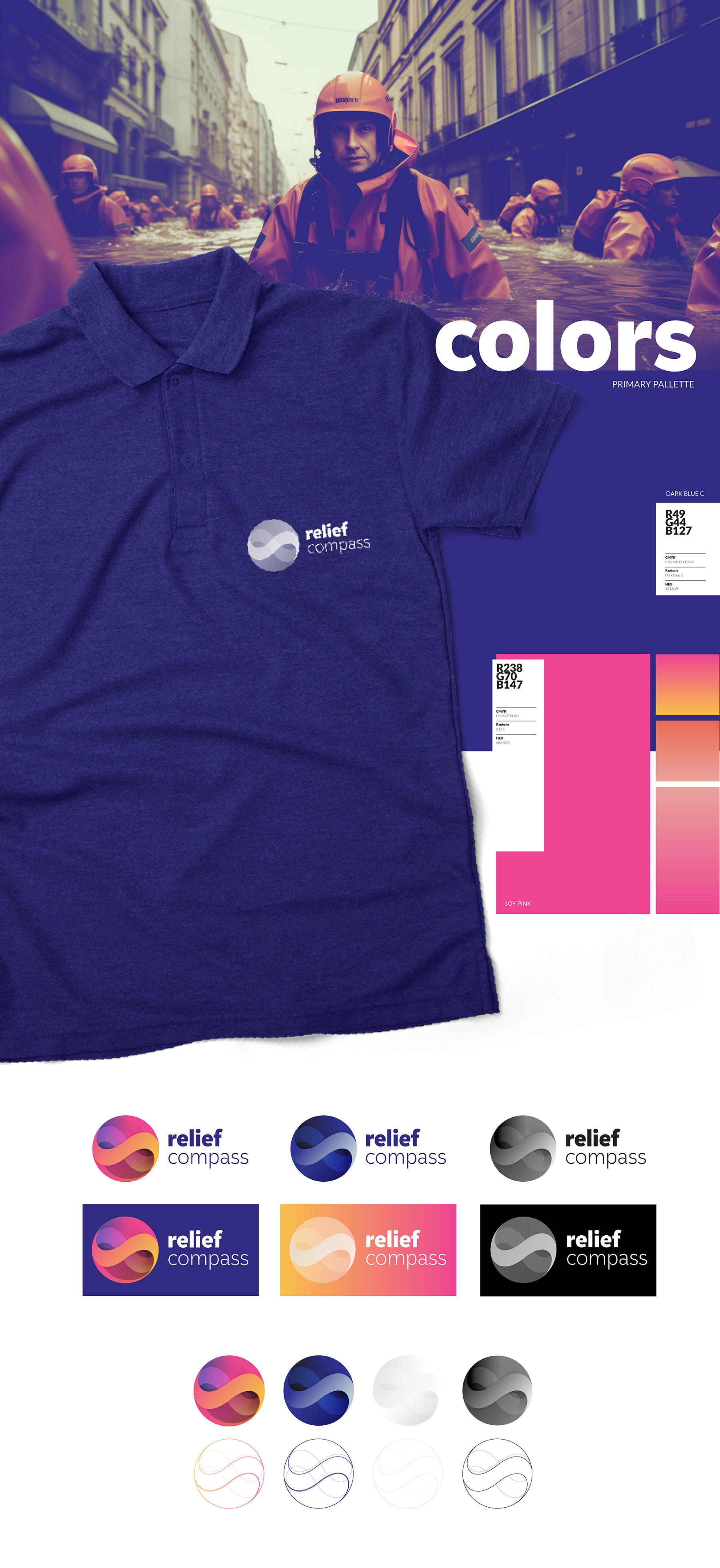 Relief Compass primary color page with a navy polo shirt mockup printed with the logo, set against a photo of flood rescue workers in orange gear, alongside Dark Blue and Joy Pink color swatches with RGB and hex values, and a full set of logo color variations and outline versions.