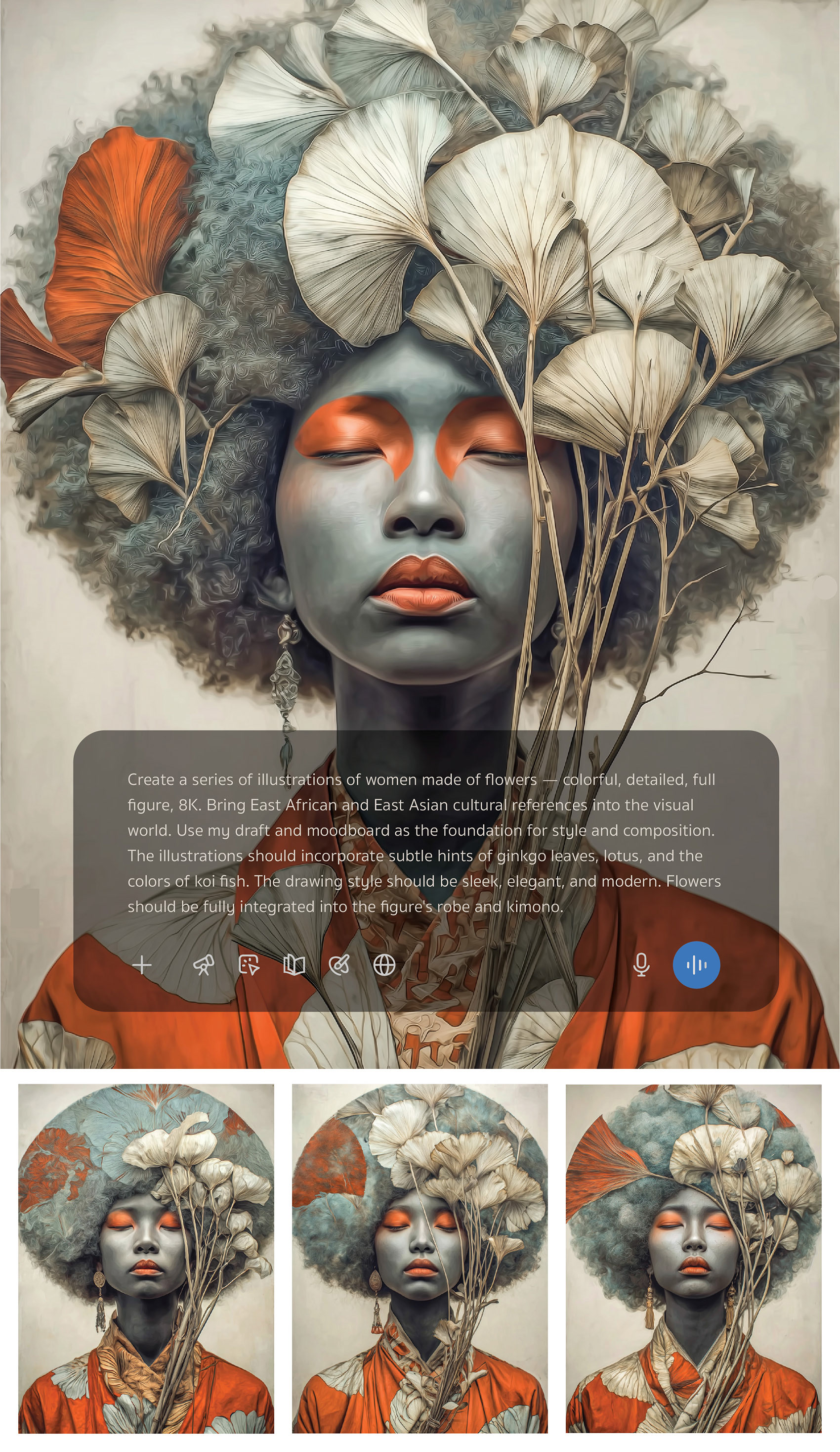 Bunga generation process screen showing the ginkgo-headdress portrait with the descriptive AI prompt text overlaid in a chat interface, with three smaller circular crop variations of the portrait below.