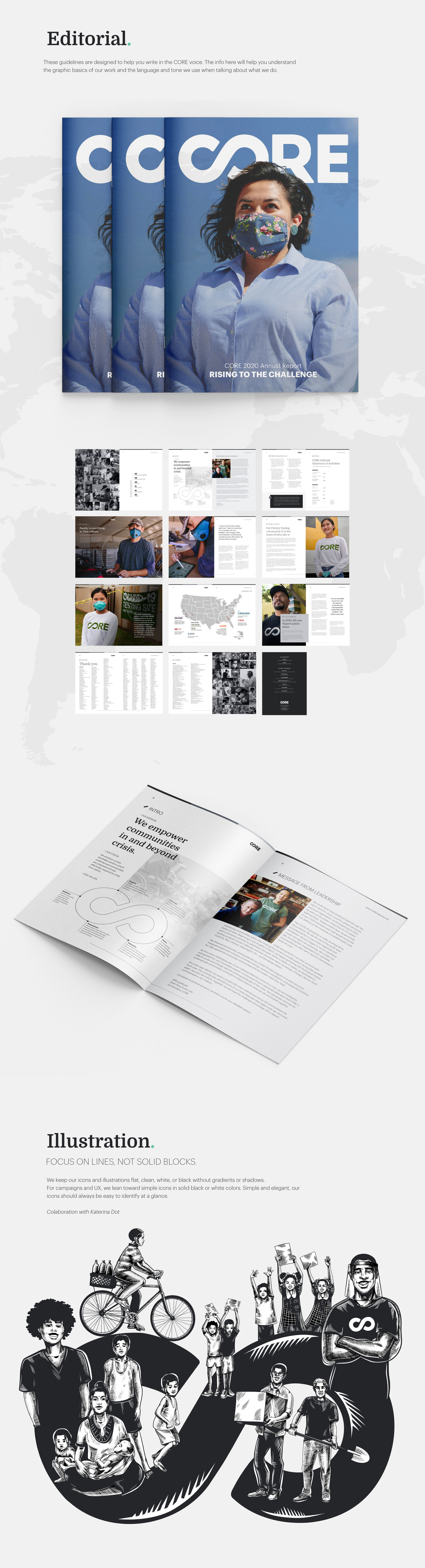Grid of CORE 2020 annual report photo pages including a COVID-19 testing site, a US impact map with response statistics, donor thank-you lists, and a mockup of the open report booklet reading "We empower communities in and beyond crisis." Three stacked covers of the CORE 2020 Annual Report titled "Rising to the Challenge," featuring a woman in a floral face mask against a blue sky with the CORE infinity logo above.