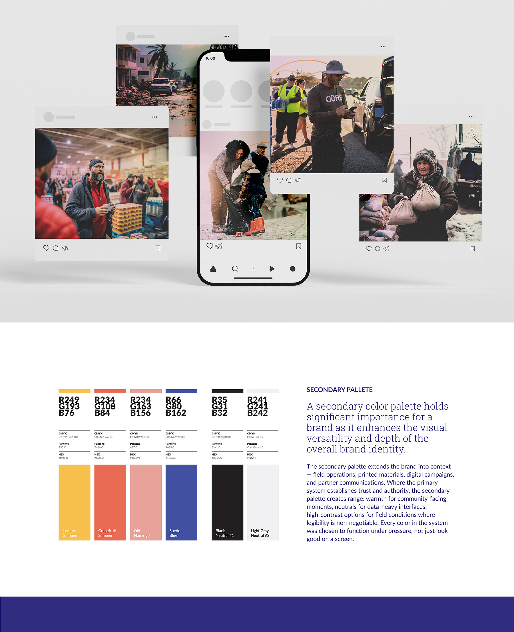 Relief Compass communications page showing a grid of mocked-up social media posts featuring relief workers and storm damage photos, paired with a secondary color palette of six swatches (Lemon Summer, Grapefruit Summer, Old Flamingo, Suede Blue, and two neutrals) with RGB, CMYK, Pantone, and hex values.