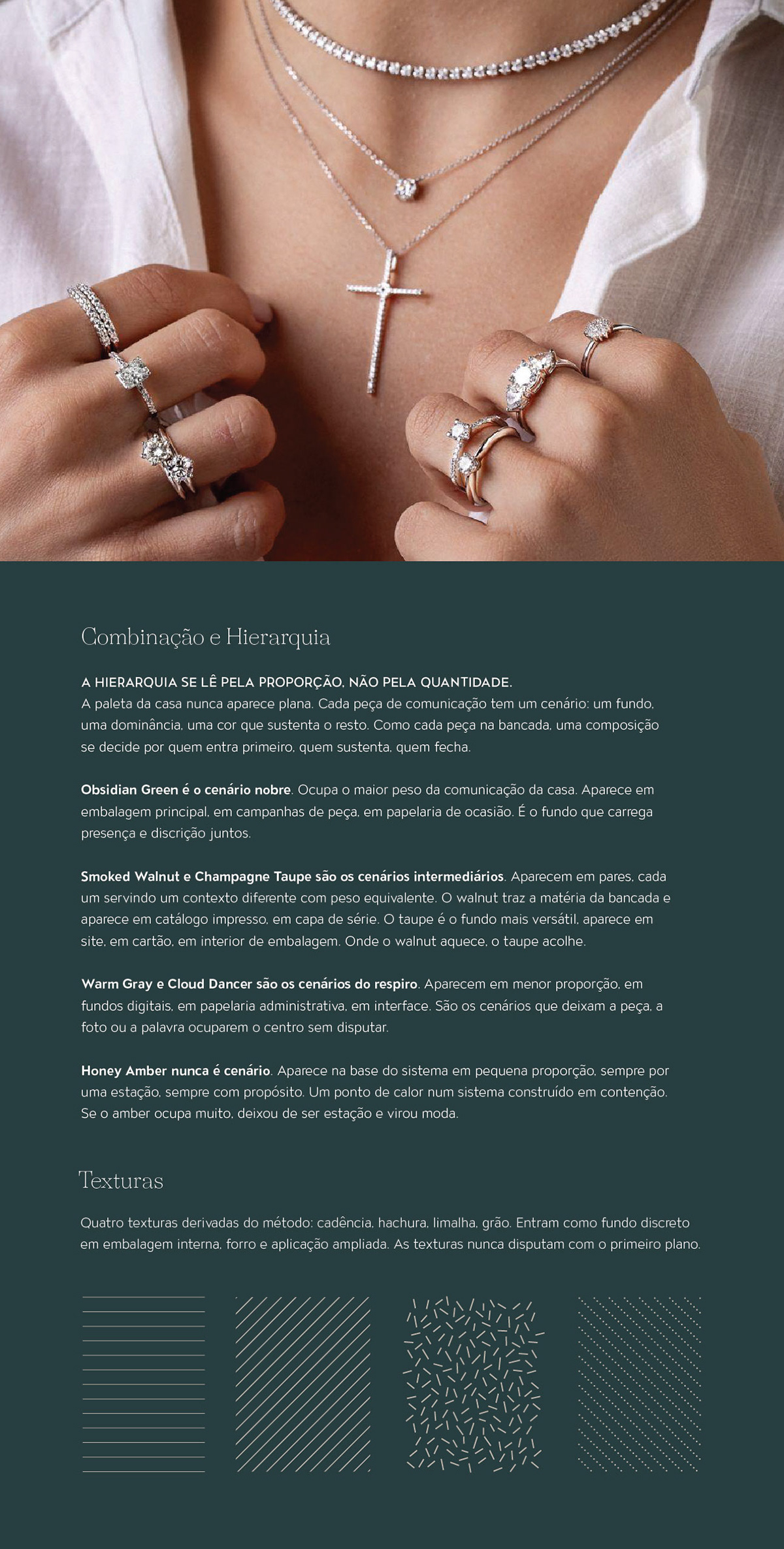 Color combination rules and four brand textures, with diamond rings and a cross pendant.
