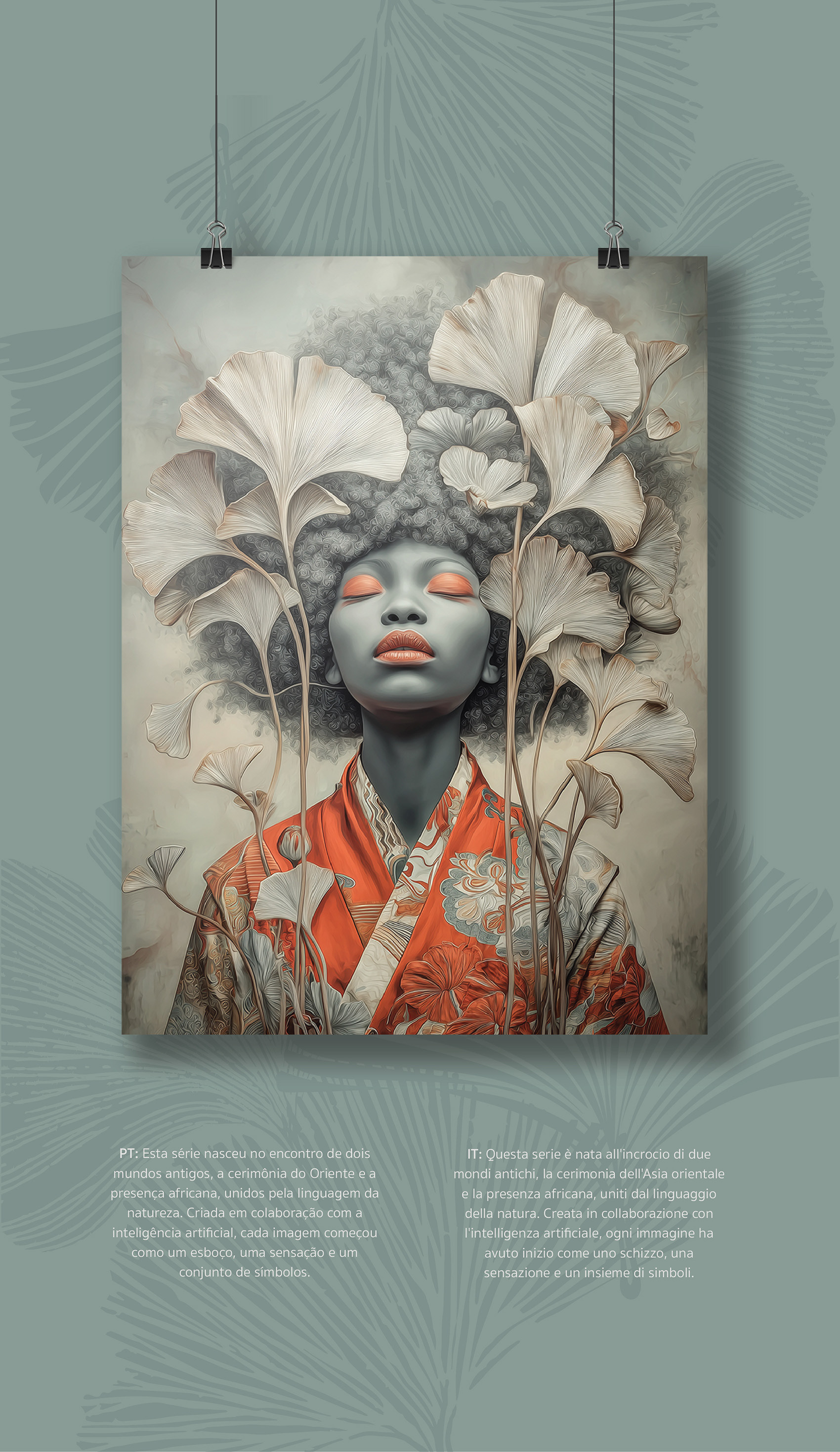 Bunga poster mockup showing the ginkgo-headdress portrait printed and hung with black binder clips against a sage-green background patterned with palm leaf silhouettes, with Portuguese and Italian text below.