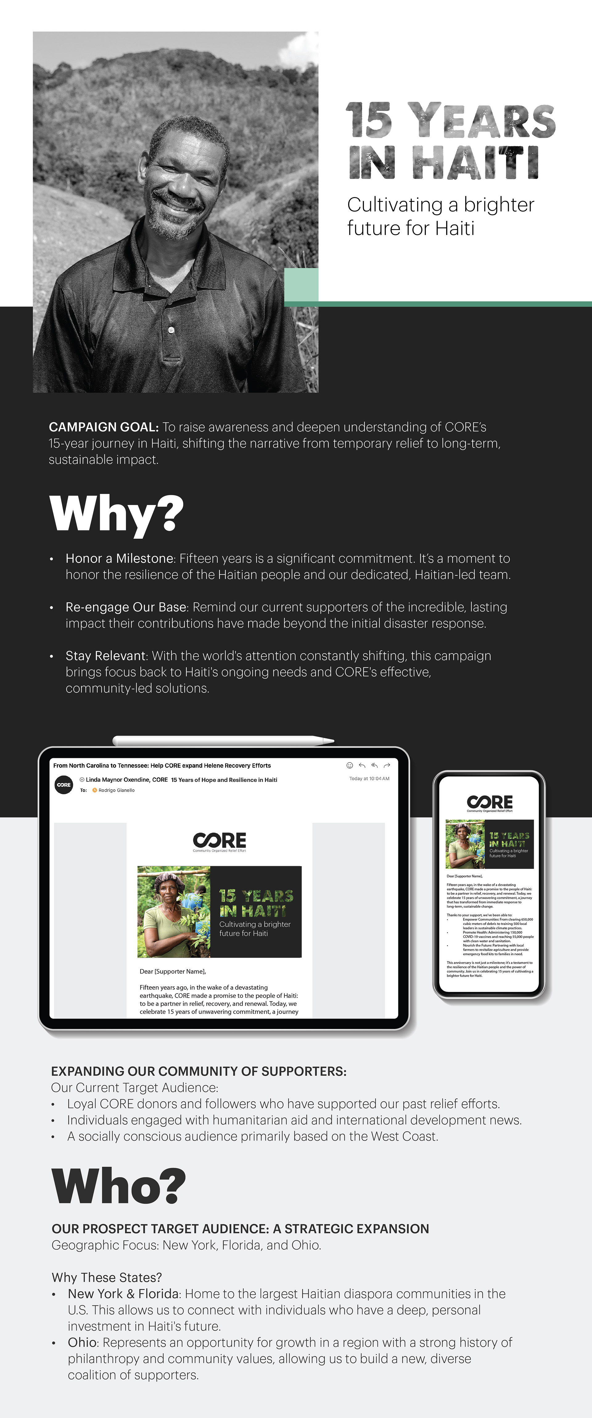 15 Years in Haiti" campaign strategy page with the tagline "Cultivating a brighter future for Haiti," featuring a black and white portrait of a Haitian man against a hillside, paired with campaign goal text and tablet and phone mockups of a donor email titled "15 Years of Hope and Resilience in Haiti.