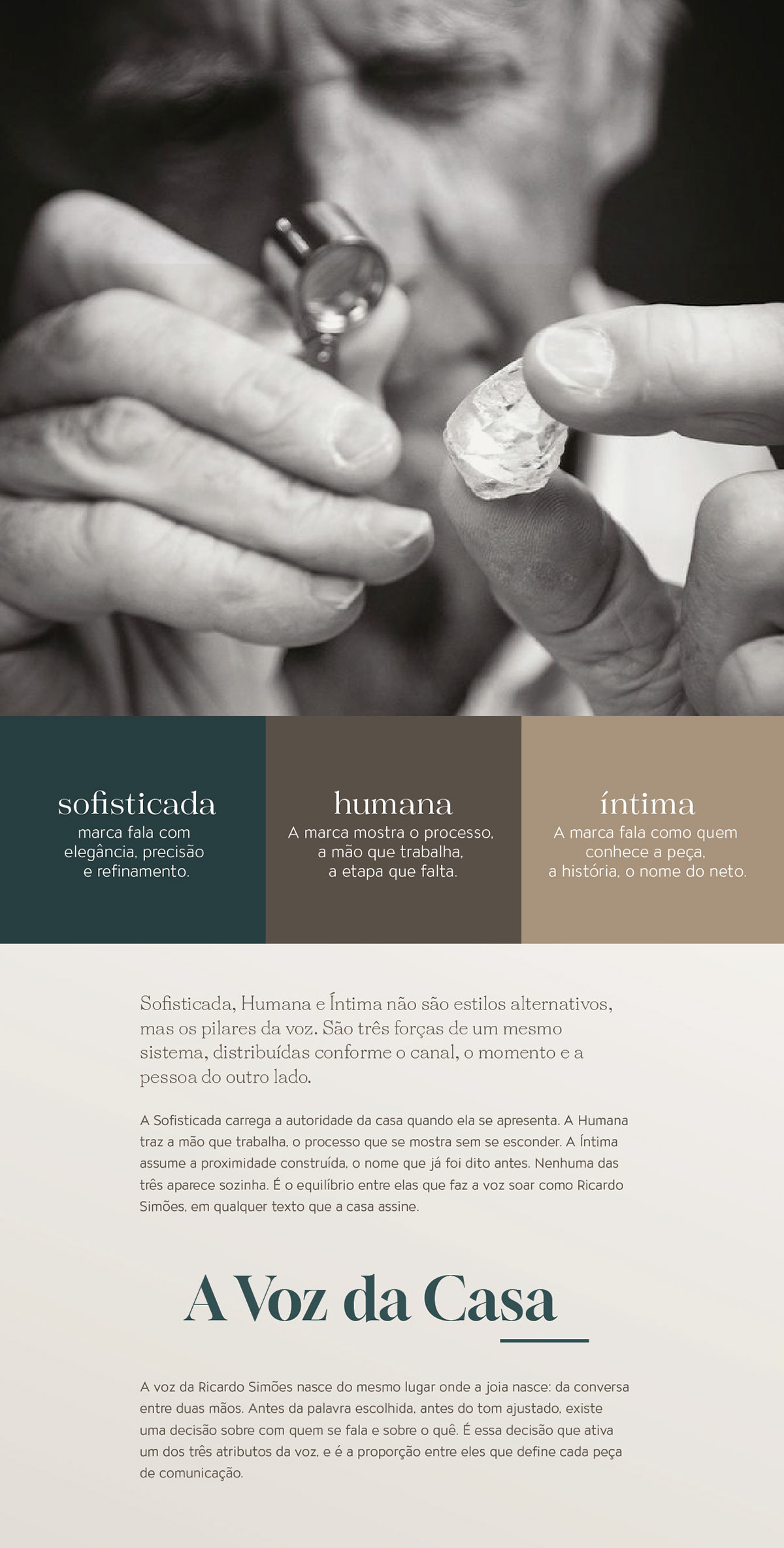 Brand voice attributes, sophisticated, human, intimate, beside a jeweler examining a rough diamond with a loupe.