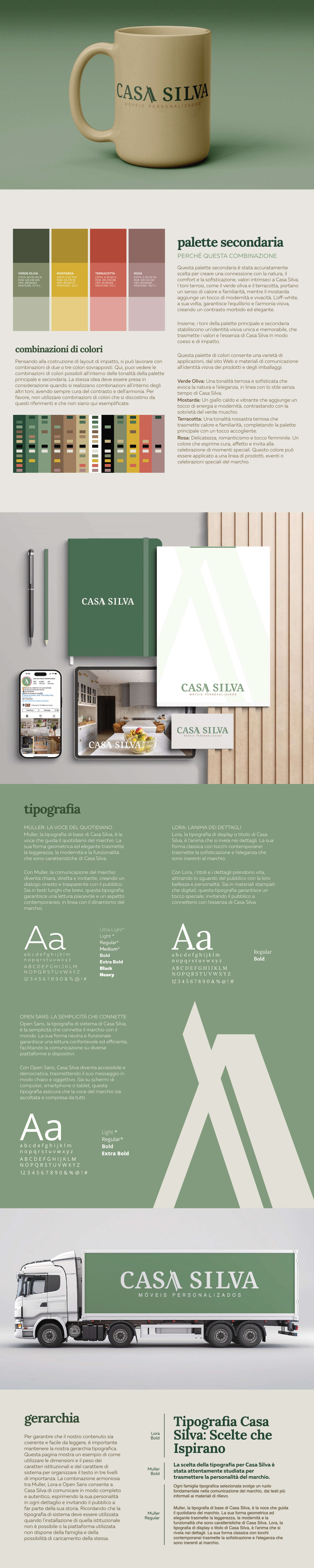 Casa Silva secondary palette and typography page: opens with a tan mug printed with the logo, followed by olive, mustard, terracotta, and rose color swatches, color combination strips, a stationery and business card mockup, a branded delivery truck, and a typography specimen for the Muller and Open Sans typefaces with a hierarchy example.