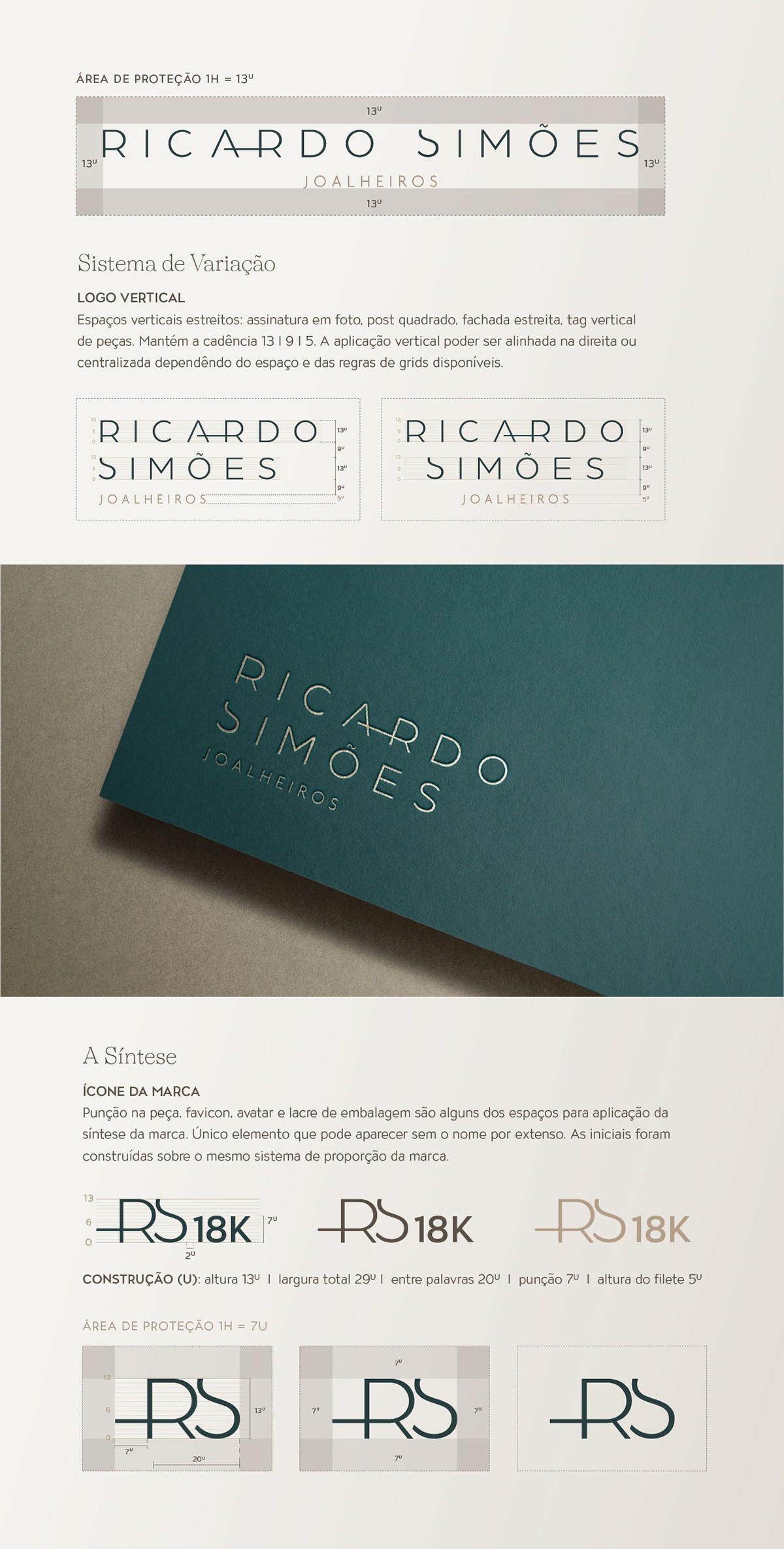 Logo construction and 13·9·5 proportion system, with a hand wearing emerald and diamond jewelry.
