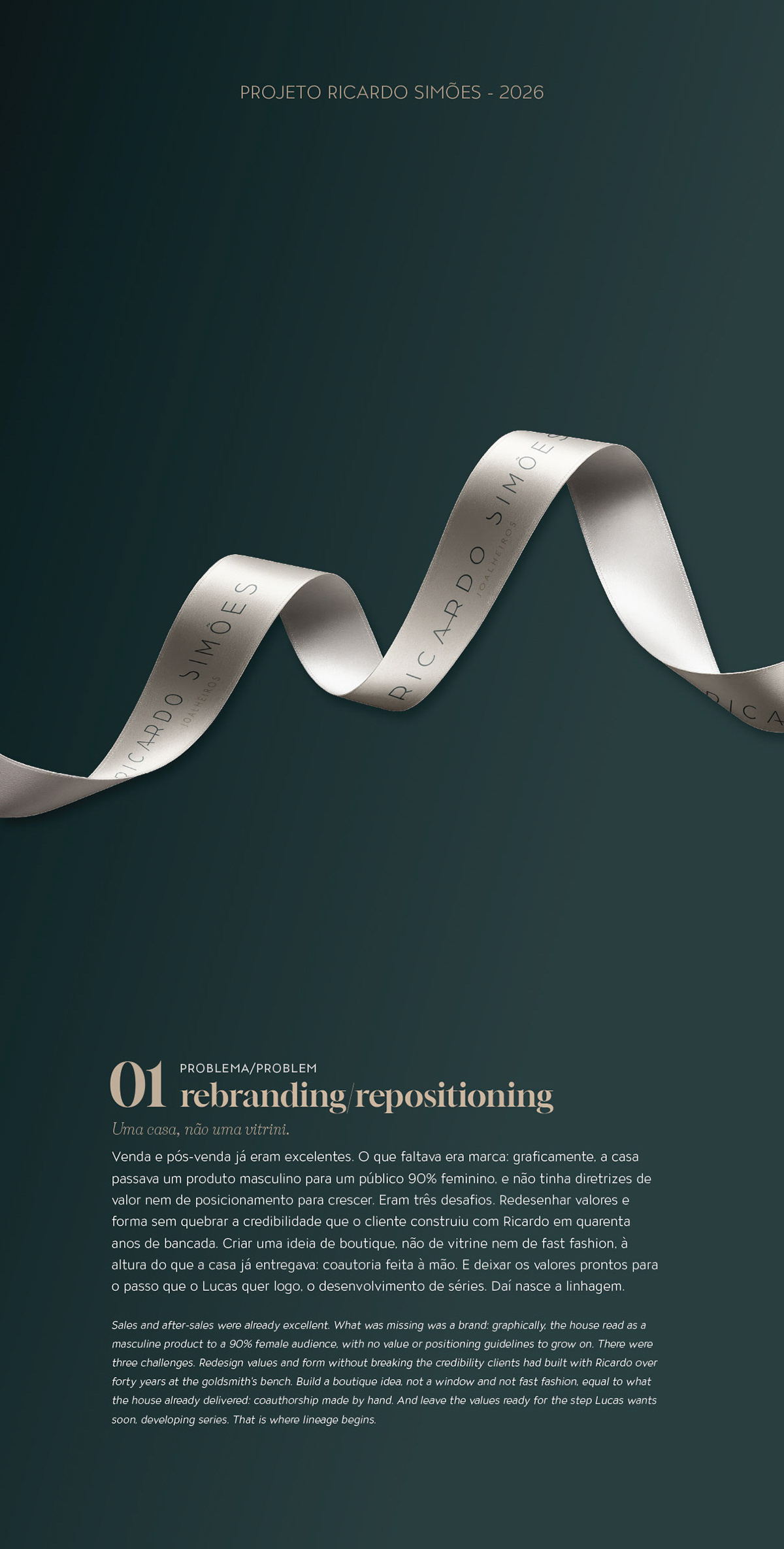 Ricardo Simões Joalheiros brand identity cover: satin brand ribbon on obsidian green.