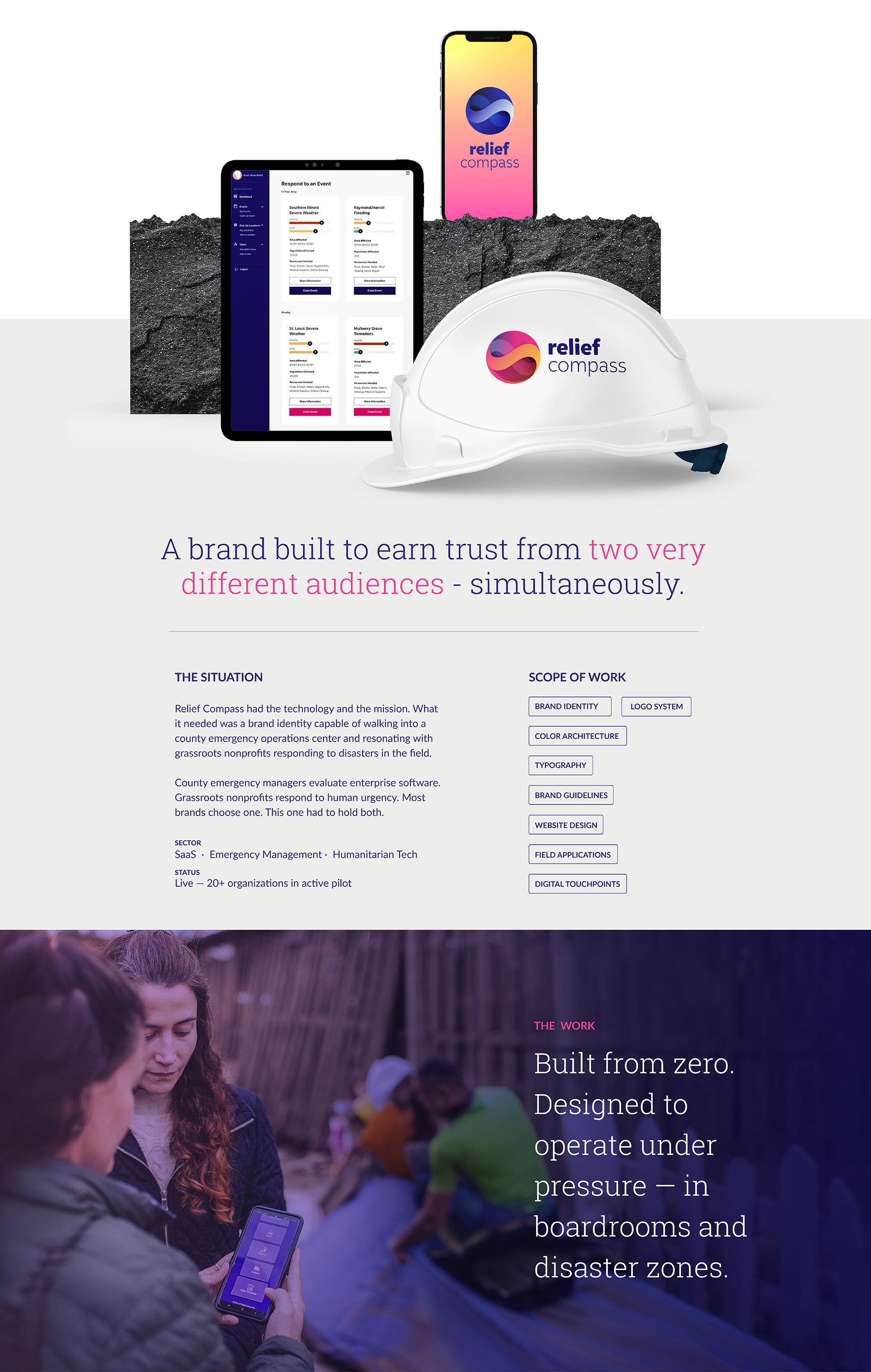 Relief Compass impact statistics page showing figures for critical resources distributed, community members assisted, and organizations in active pilot, above a laptop mockup of the Relief Compass platform homepage and three client testimonial quotes from CORE, Maui Rapid Response, and the Valdosta Fire Department.
