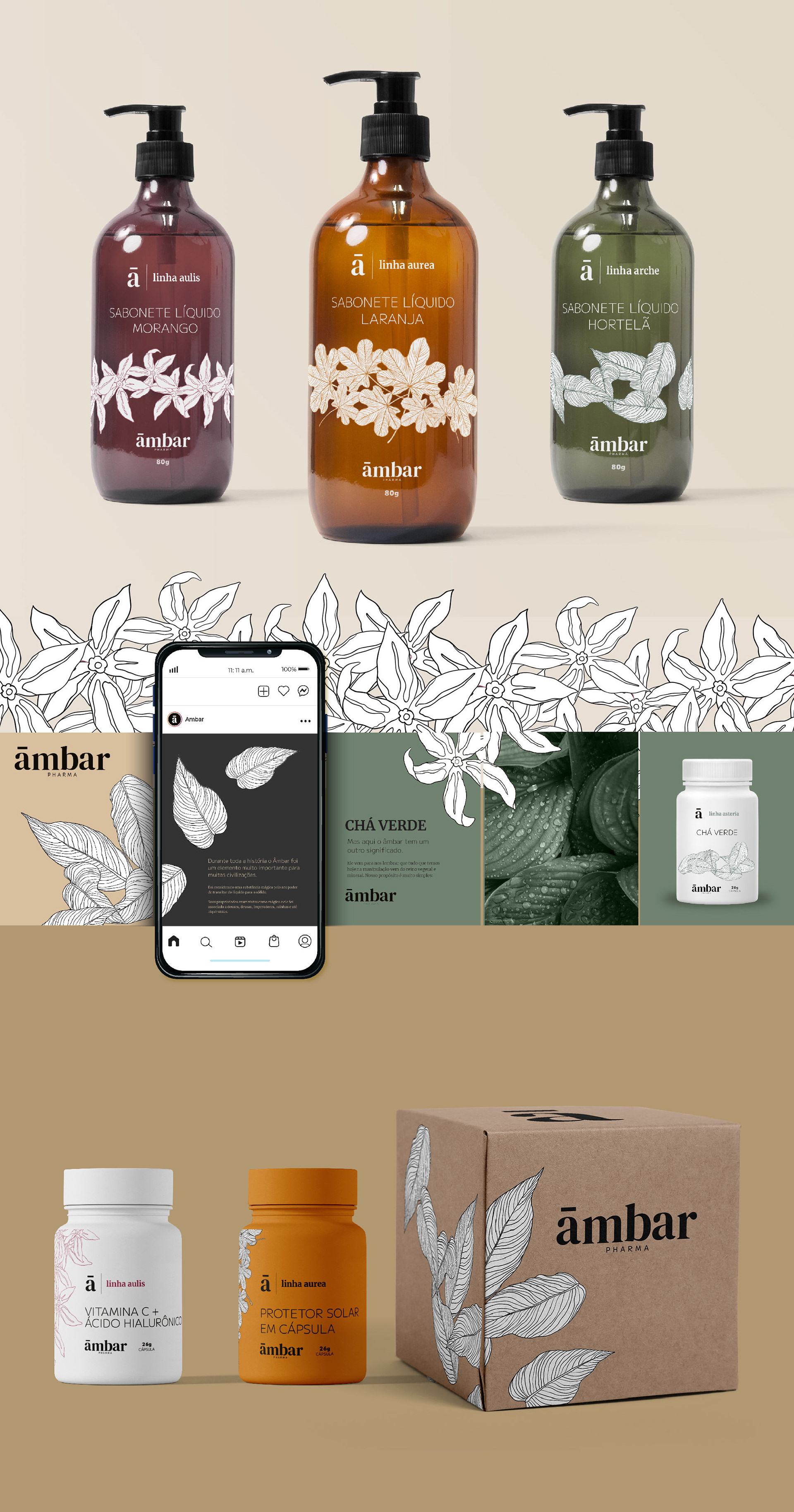 Ambar Pharma product photography page showing three amber glass pump bottles for strawberry, orange, and mint liquid soap, a phone mockup of the Ambar Instagram feed over a botanical line-art background, and a flat-lay of supplement bottles beside a kraft shipping box printed with leaf illustrations.