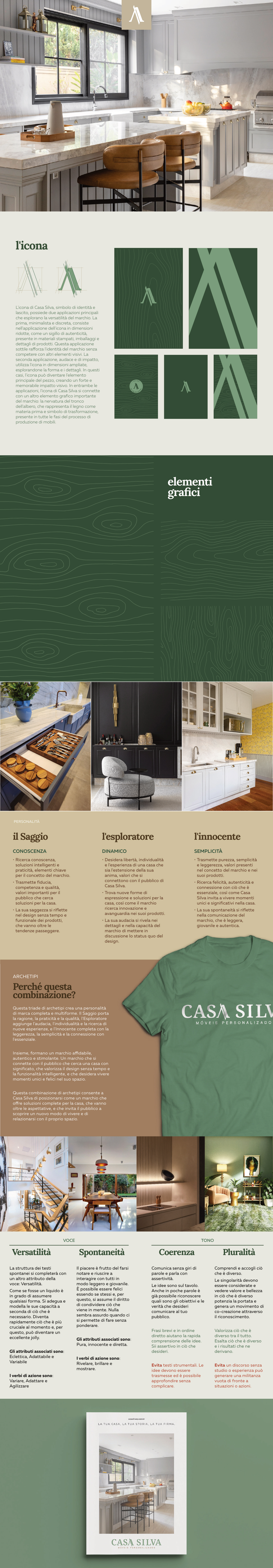 Casa Silva icon and brand personality page: opens with a kitchen photo and the standalone "A" icon mark, followed by icon construction diagrams, a green wood-grain texture section, a three-column breakdown of the brand's Sage, Explorer, and Innocent archetypes, a branded t-shirt mockup, a voice and tone matrix, and a closing staircase and kitchen photo collage with the tagline and logo.