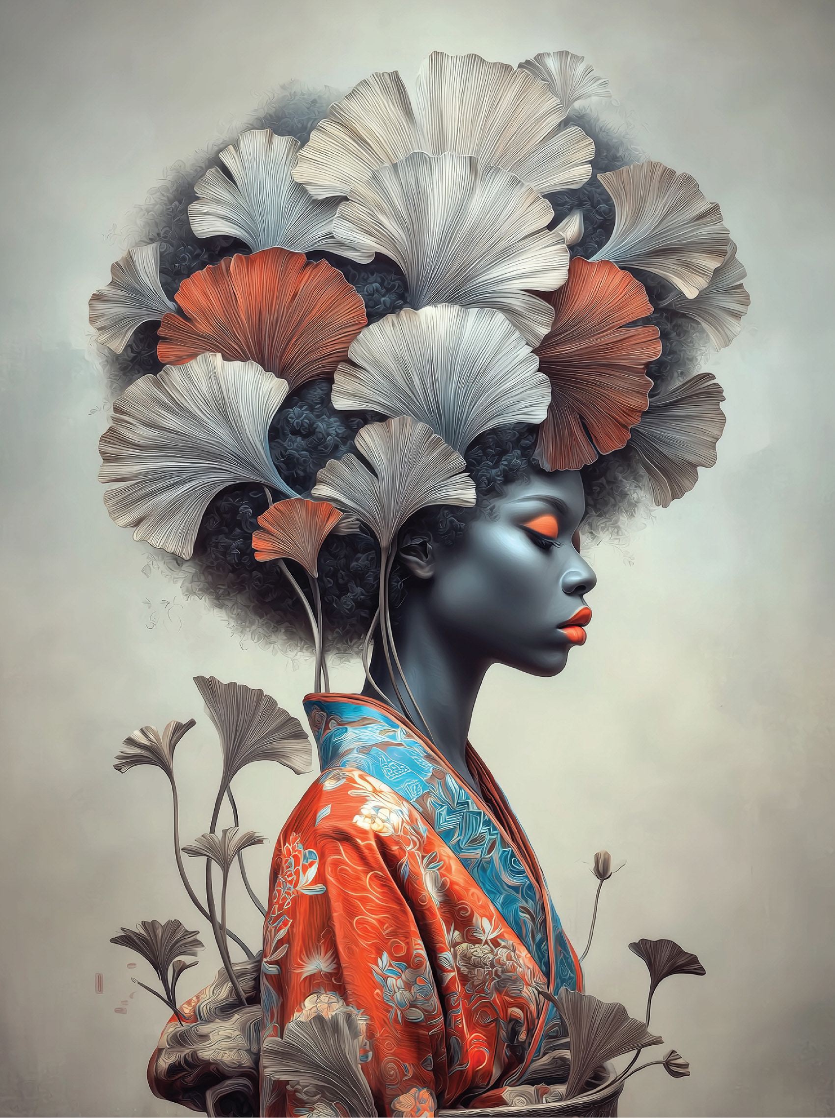 Full illustration of the figure in profile wearing a large headdress of white, gray, and orange ginkgo leaves over an orange and teal kimono, with loose ginkgo leaf stems arranged at the base of the composition.