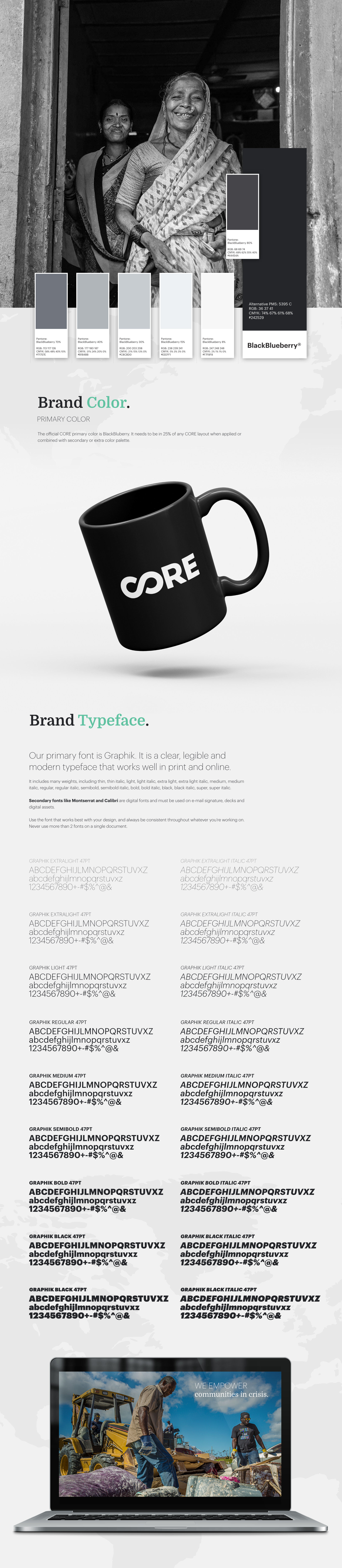 CORE brand color guide introducing BlackBlueberry as the primary brand color, shown applied to a black ceramic mug printed with the white CORE infinity logo.