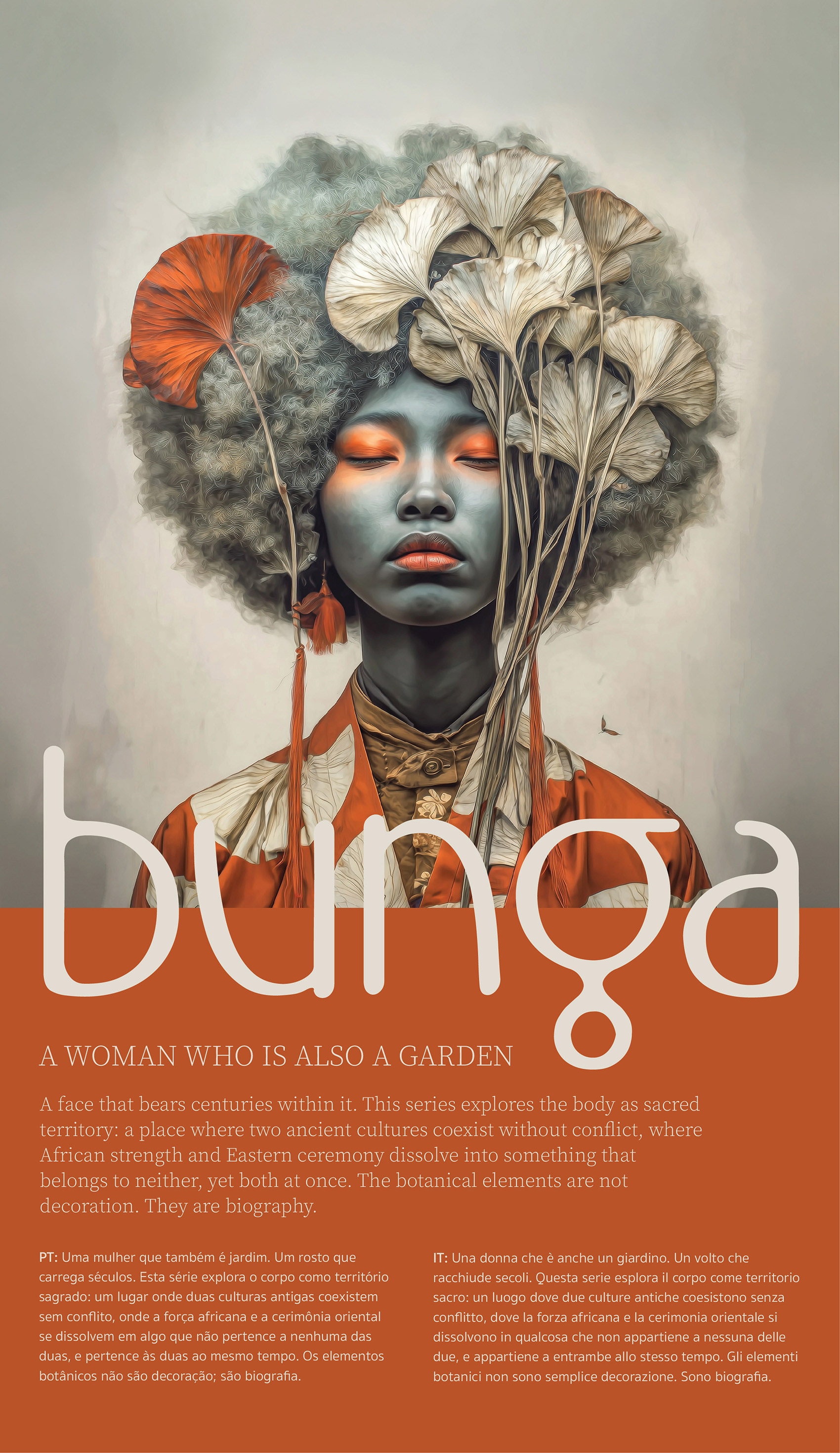 Bunga project cover: a woman with gray-blue skin and closed eyes wears a headdress of cream, gray, and orange ginkgo leaves over an orange silk kimono, with the "bunga" wordmark in cream overlaid across the image and an introductory paragraph in English, Portuguese, and Italian below.