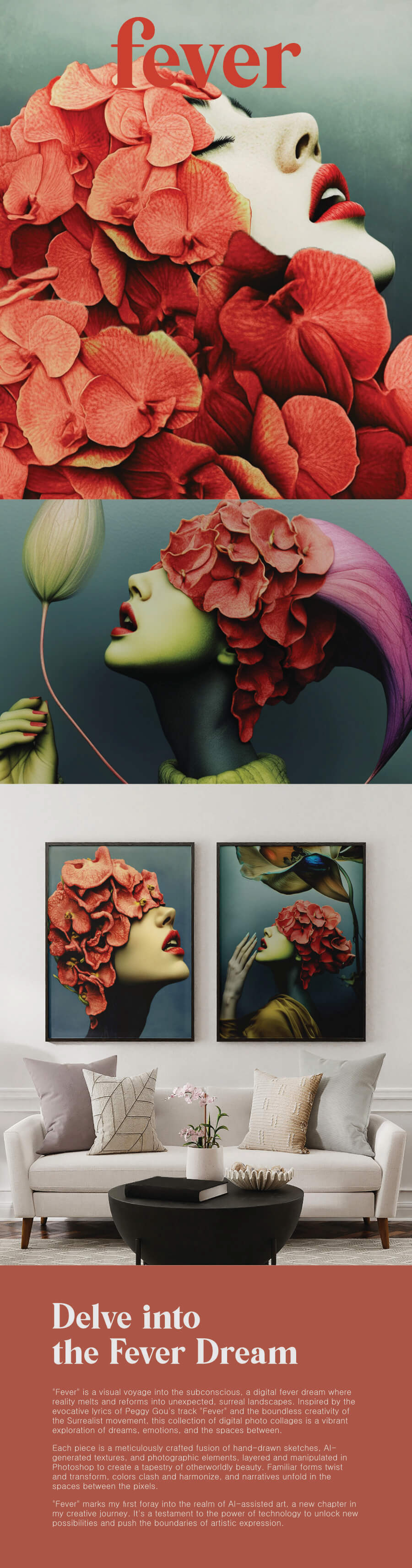 Cover spread for the "Fever" collection: the title in red serif type over a digital portrait of a woman with closed eyes, her head and shoulders dissolving into a mass of layered coral and red orchid petals.  Two framed Fever prints displayed above a cream sofa in a living room mockup, both showing women's profiles emerging from red and coral flower arrangements against dark teal backgrounds.