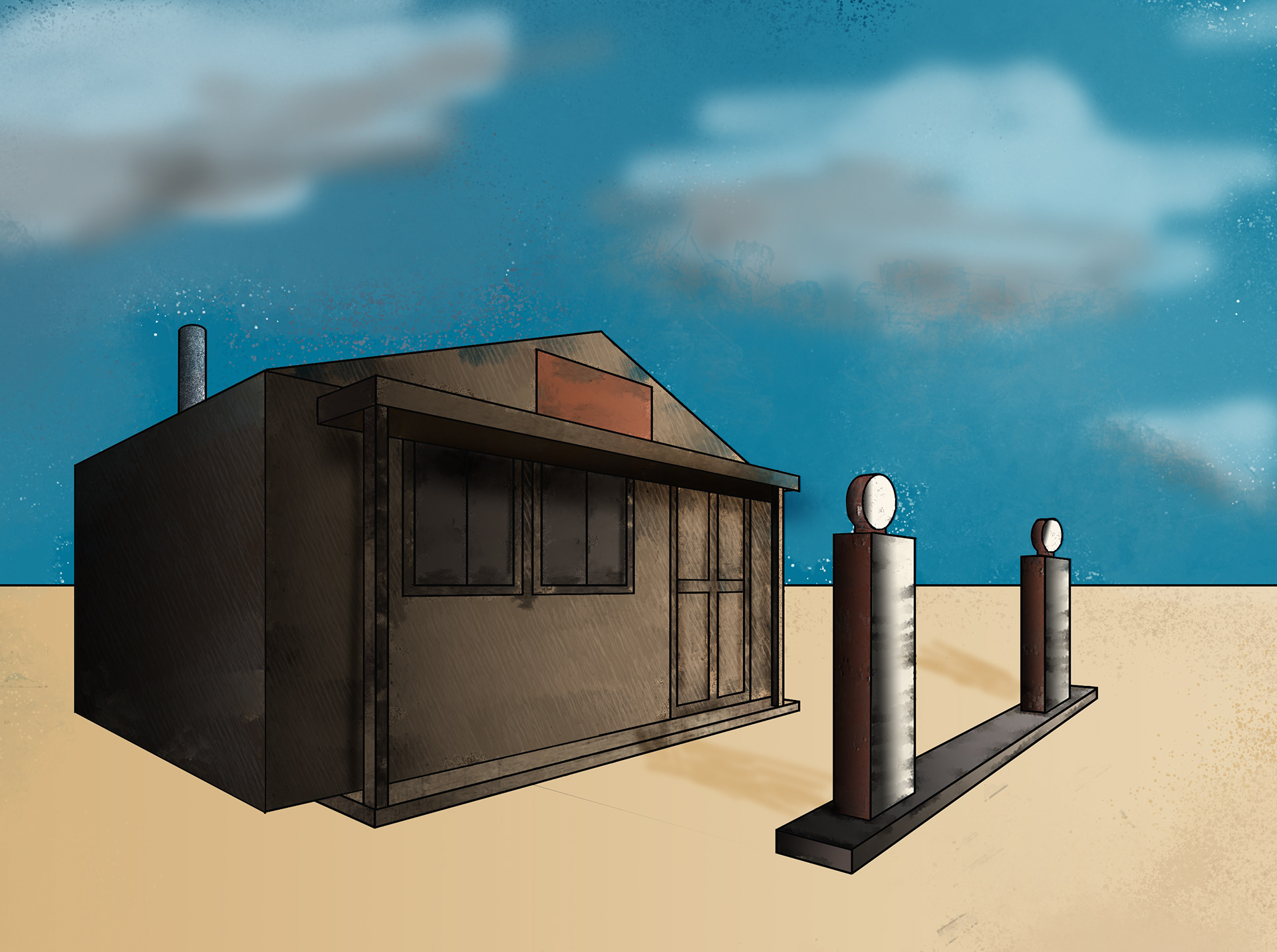 Shack in Desert Perspective Drawing