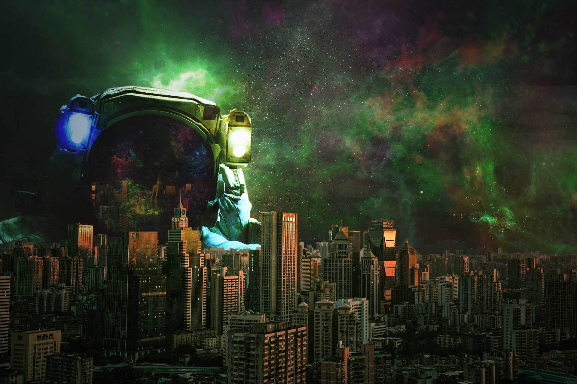 Astronaut Looking Over City