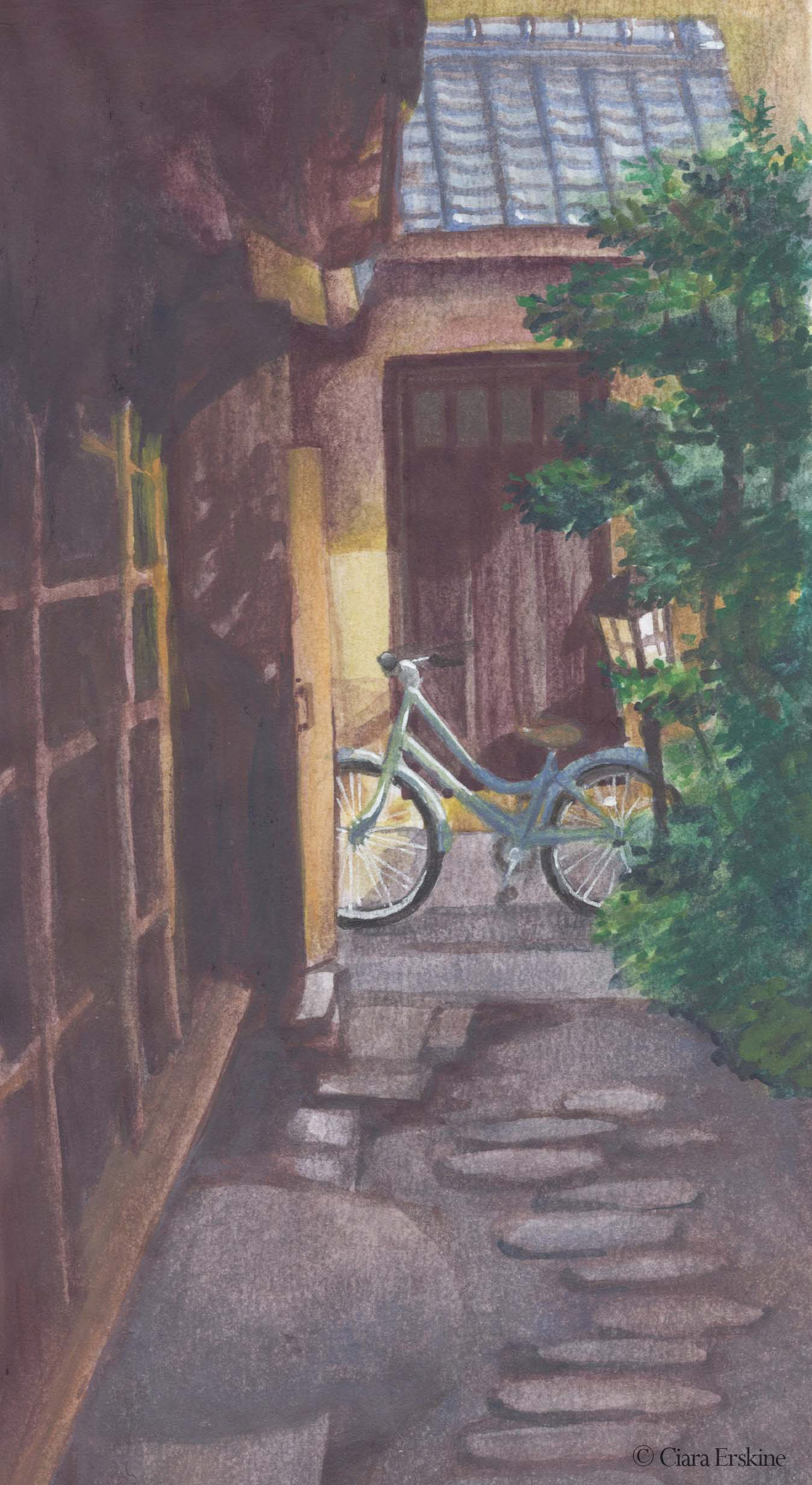 Watercolour painting of a 'mamachari' bicycle in Kyoto
