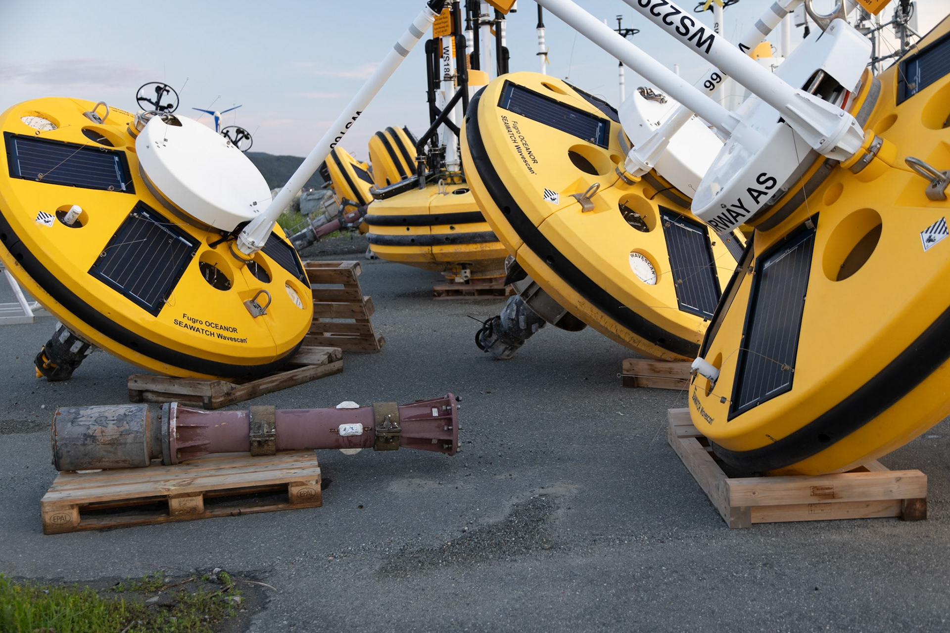 These large buoys where apparently pulled from the local oceans where they are used to monitor the sea and weather parameters .  I think they kind of have personality to them :-)