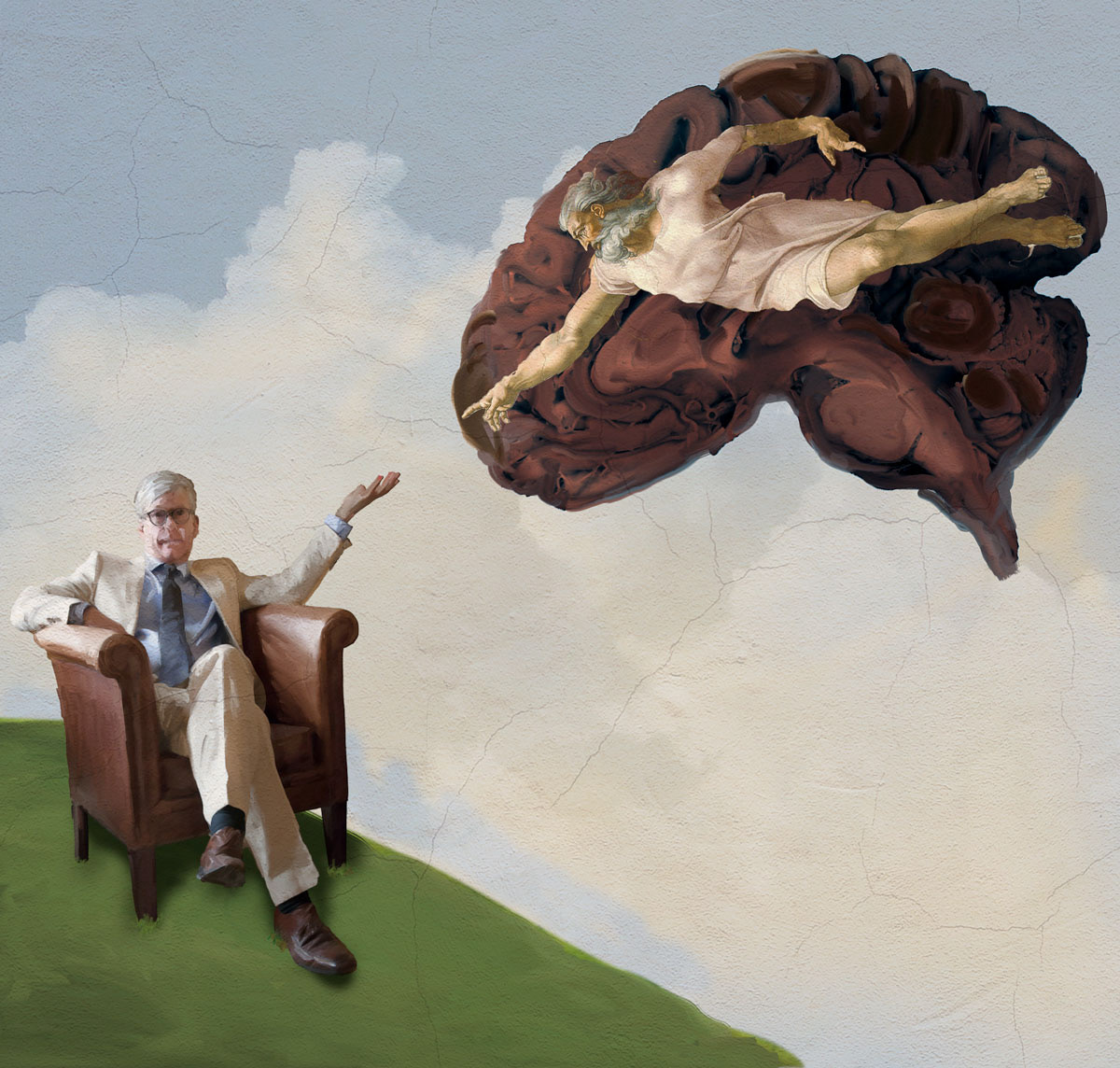 Me in my summer linen suit, talking to God. Caption was 'Psychiatry and Religion'.