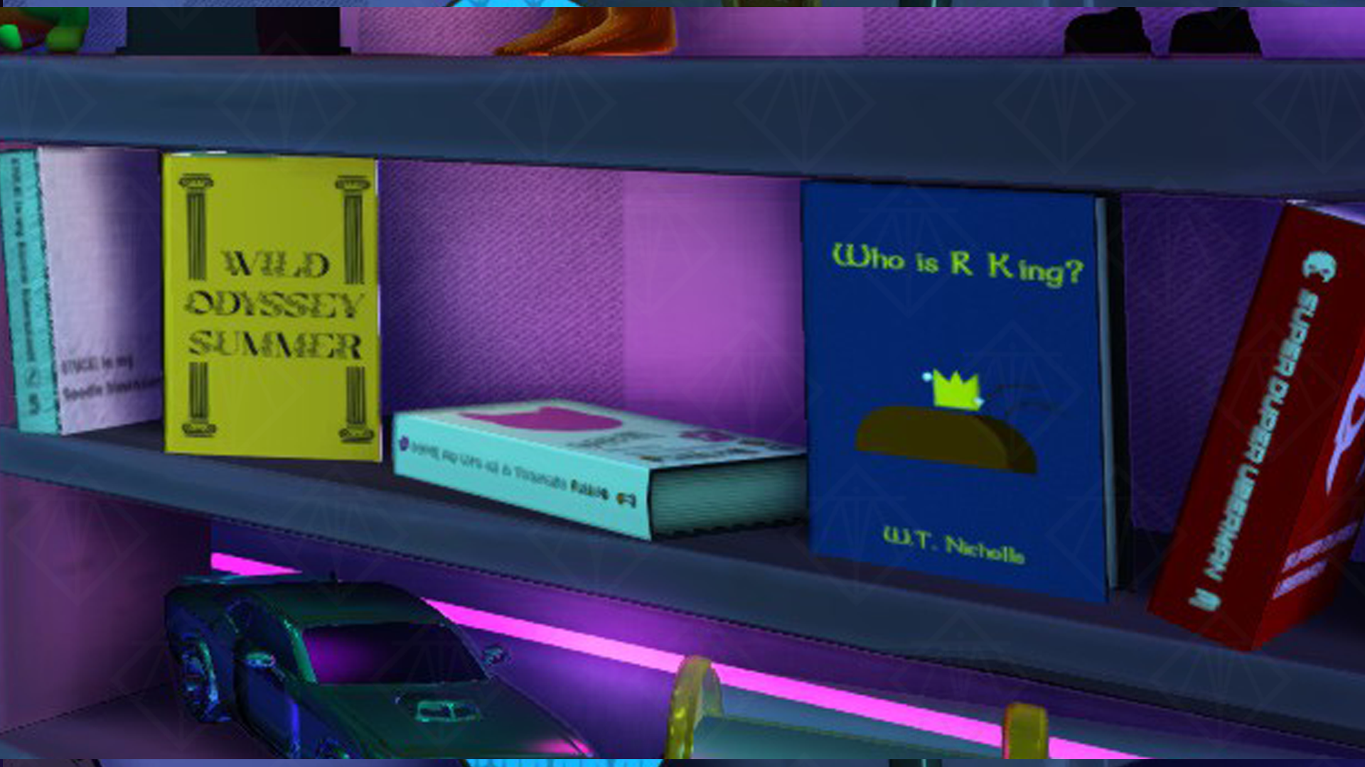 The books on Timmy's shelf were fun to make. I started with the idea of "What kind of things was I reading when I myself was a radical boy?" Of course the answer was a mix of Manga, Mystery Novels, and stories about various hero type characters.