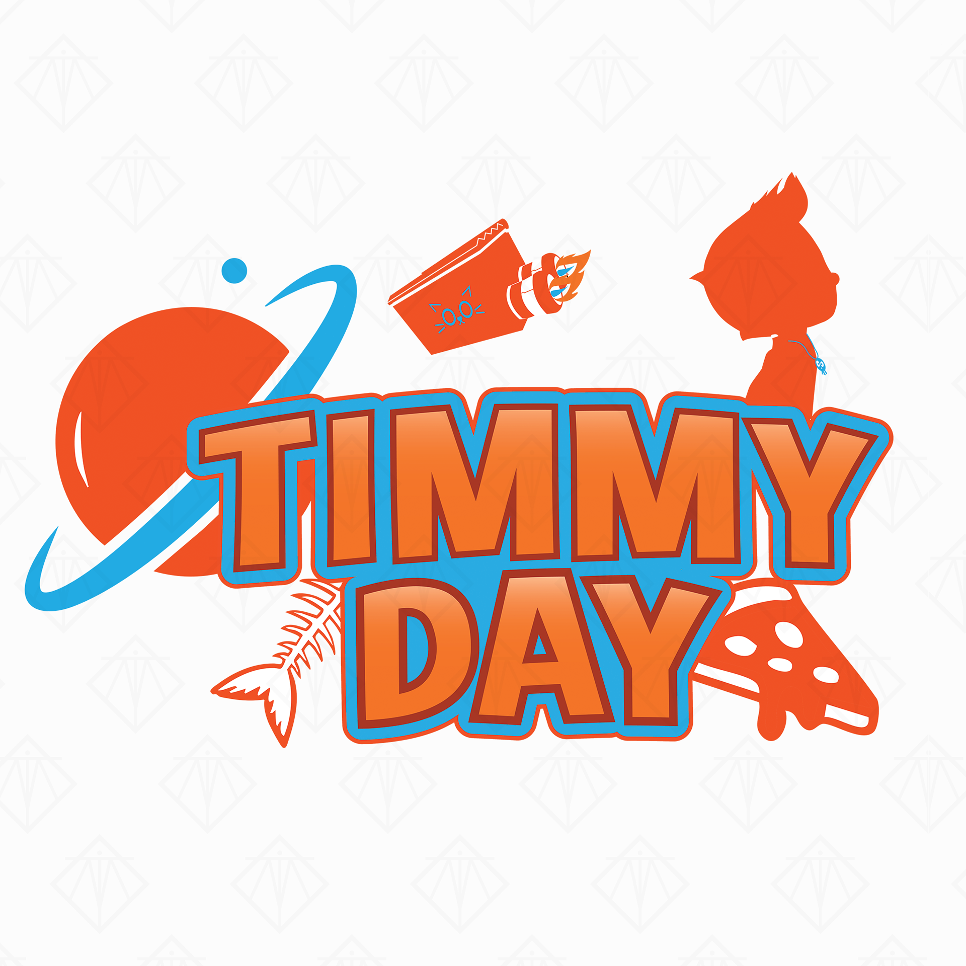 Timmy Day 2025 Logo: This logo is the first logo created for the event. It incorporates items directly themed from the event and the character "Timmy". The theme was space exploration so I included the ship and a planet. Timmy's ship is a trash can and he himself is associated with garbage so it only made sense to add garbage elements to the bottom as well.