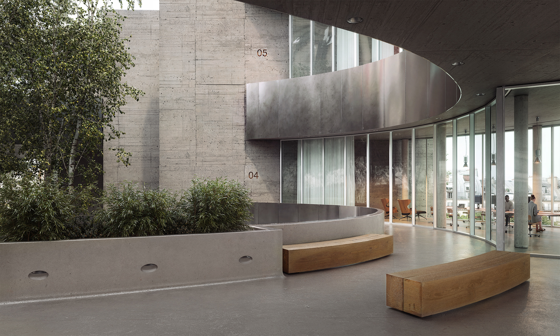 Concrete, glass, wood, and greenery — a modern office in balance with nature.