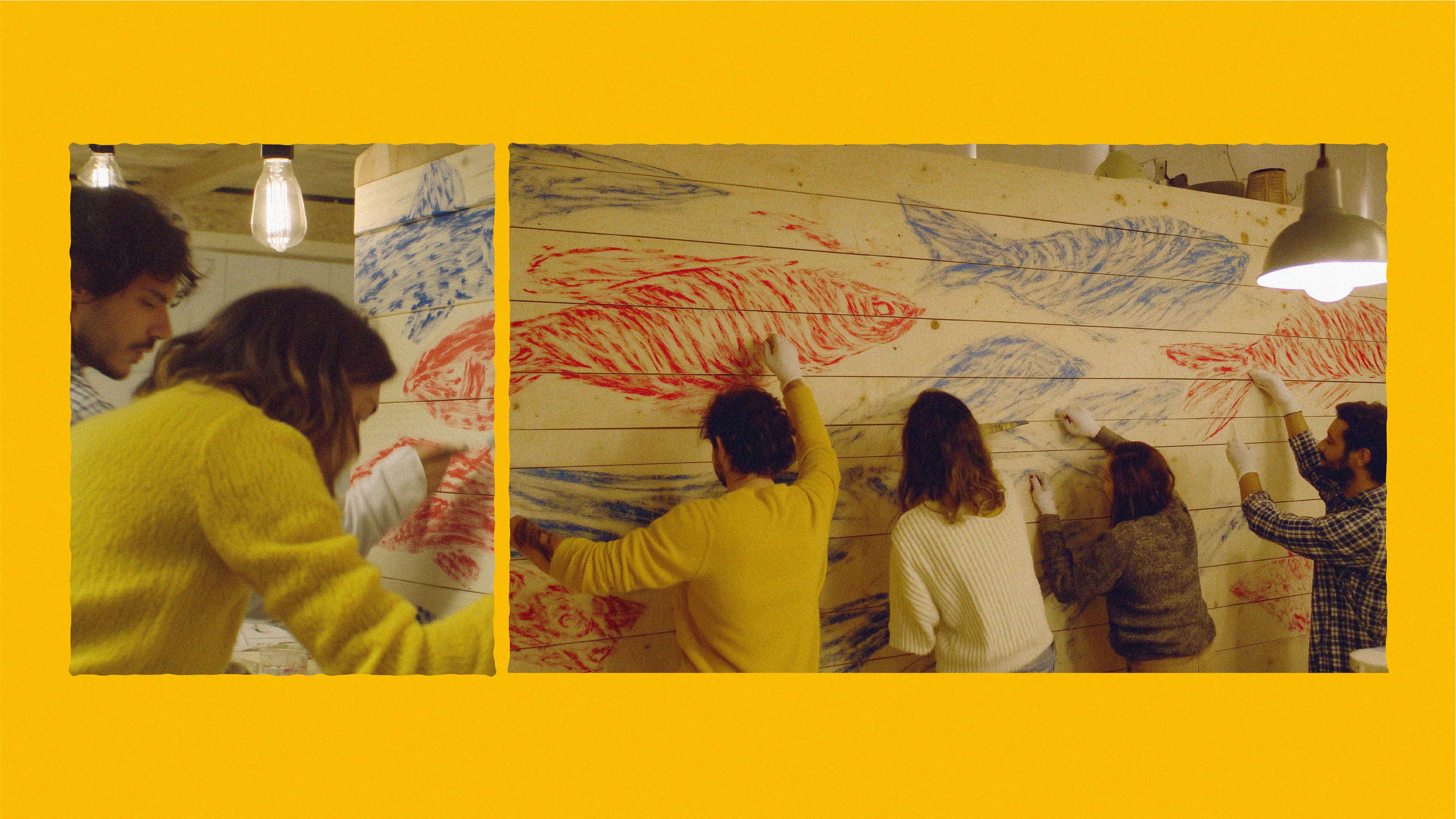Pessoas pintando peixes em mural de madeira, com a frase manuscrita “Made in Mooca”.