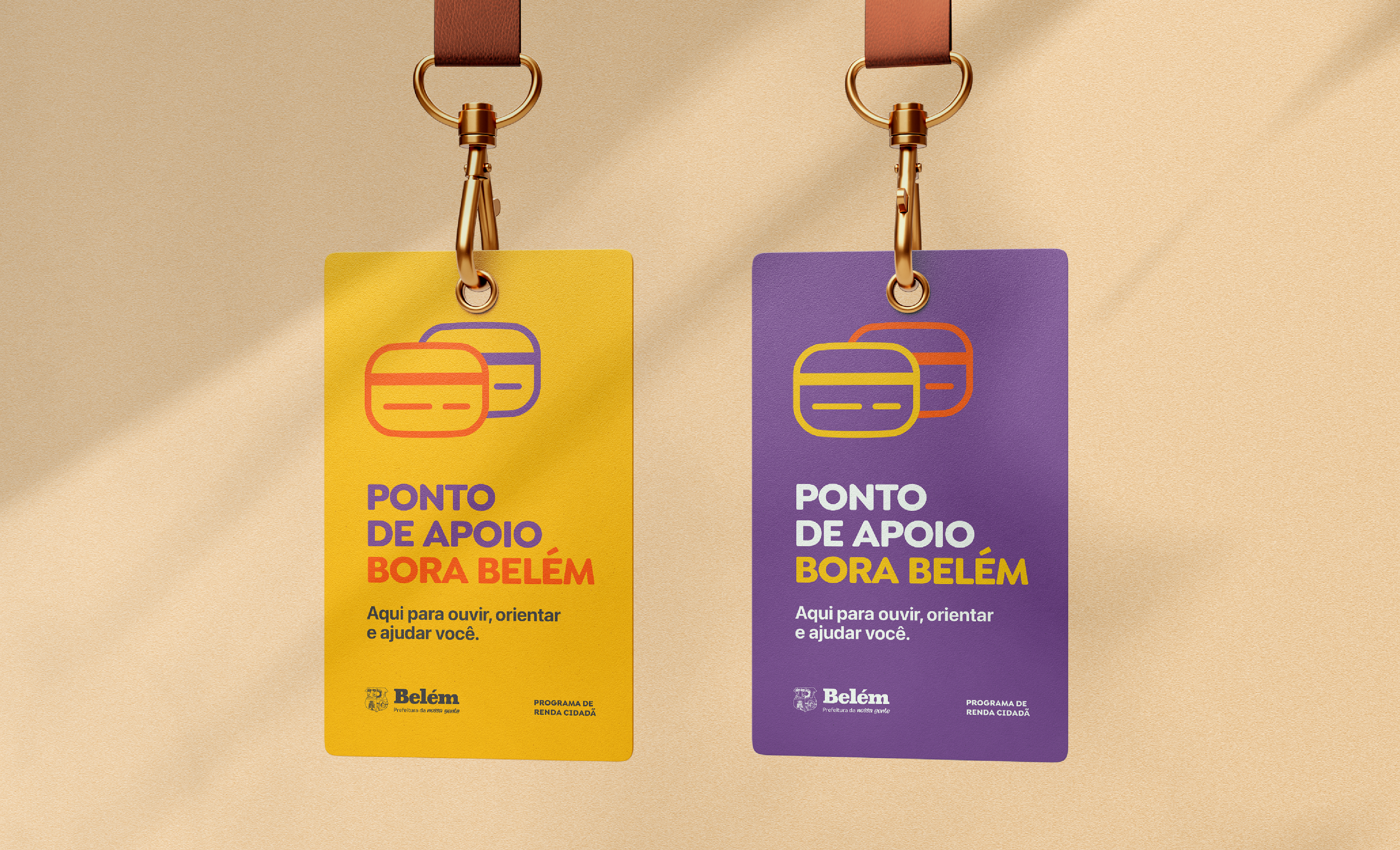 Crachás de identificação visual Bora Belém, aplicando branding e consistência no atendimento presencial.