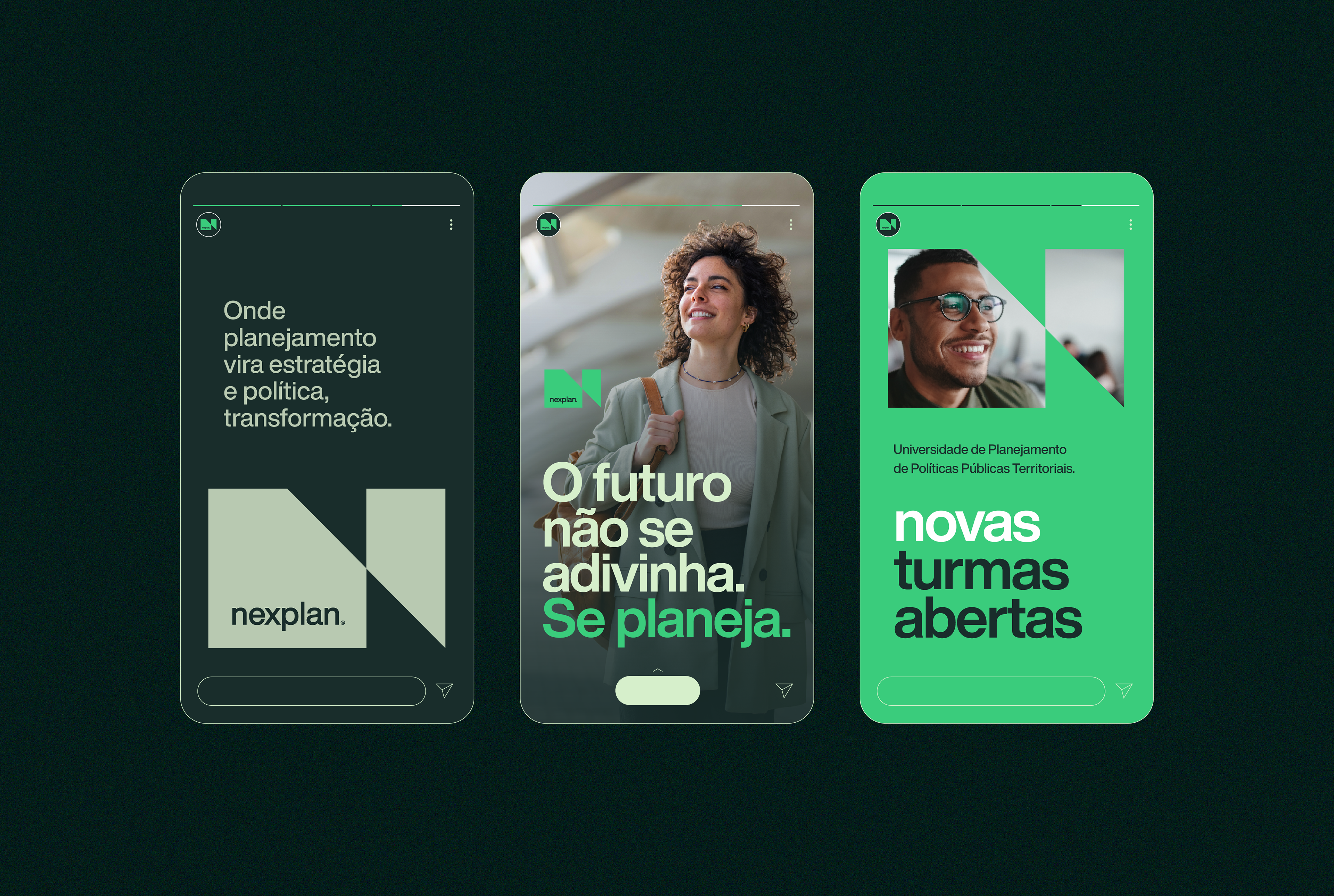 Peças de comunicação da marca Nexplan com identidade visual institucional, design estratégico e foco em liderança e planejamento público.