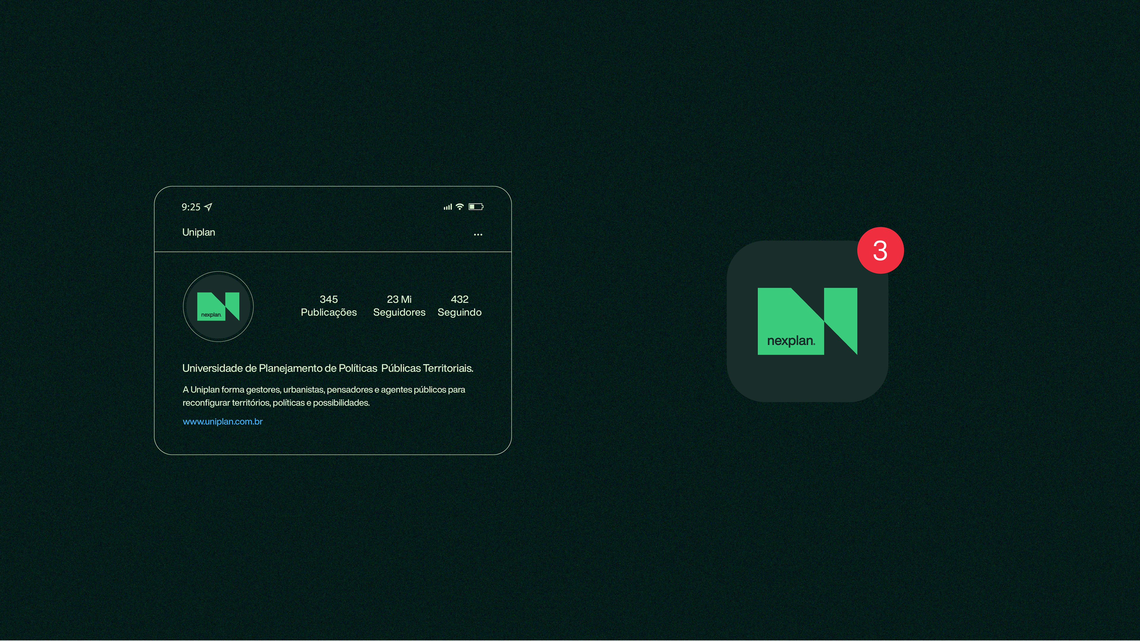 Interface digital com identidade da marca Nexplan aplicada ao ícone de app e redes sociais, reforçando presença digital e branding educacional.