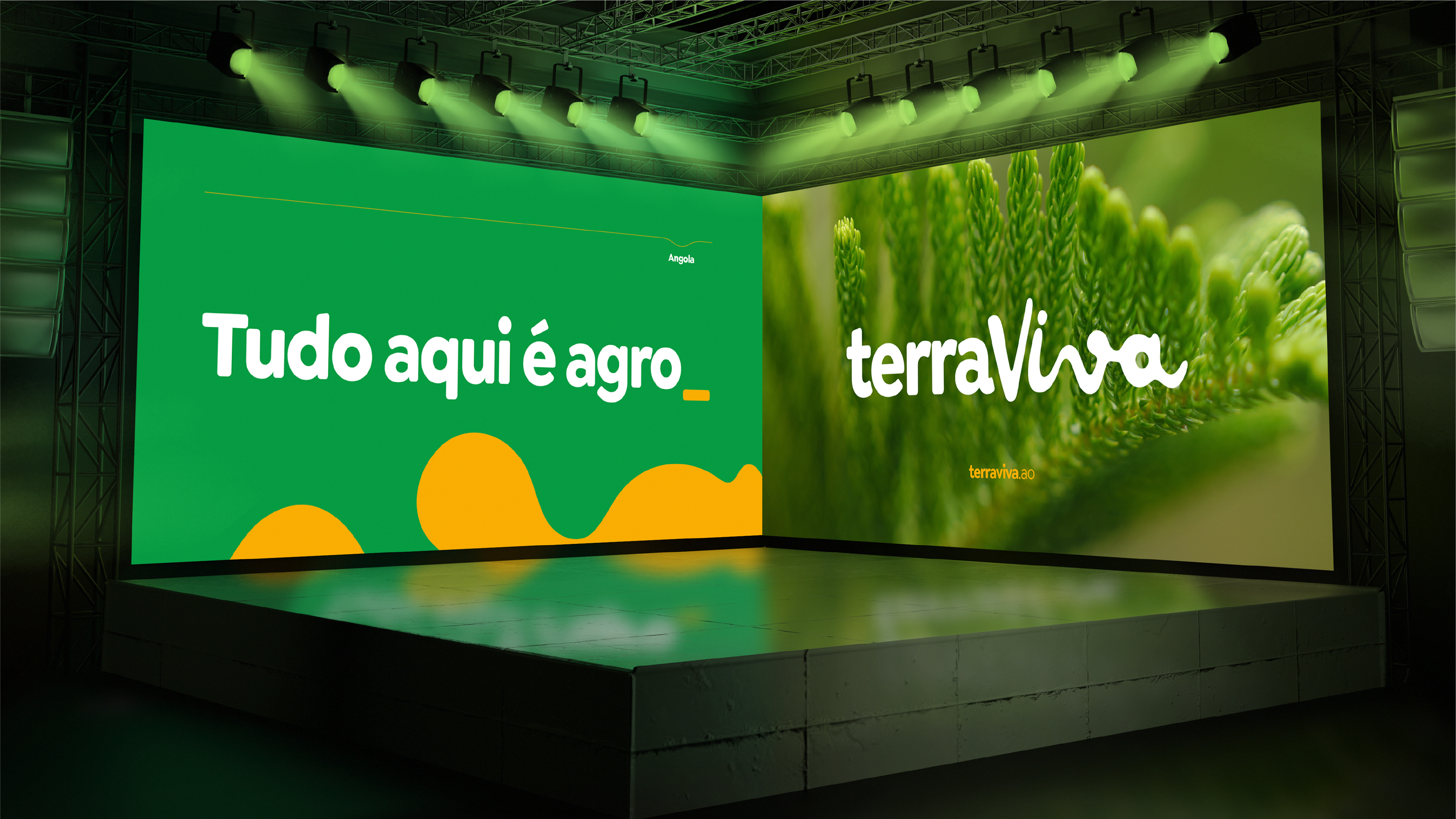Interface de design para TV com tipografia amigável e foco na conexão entre tecnologia e agro, destacando identidade visual digital e funcional.