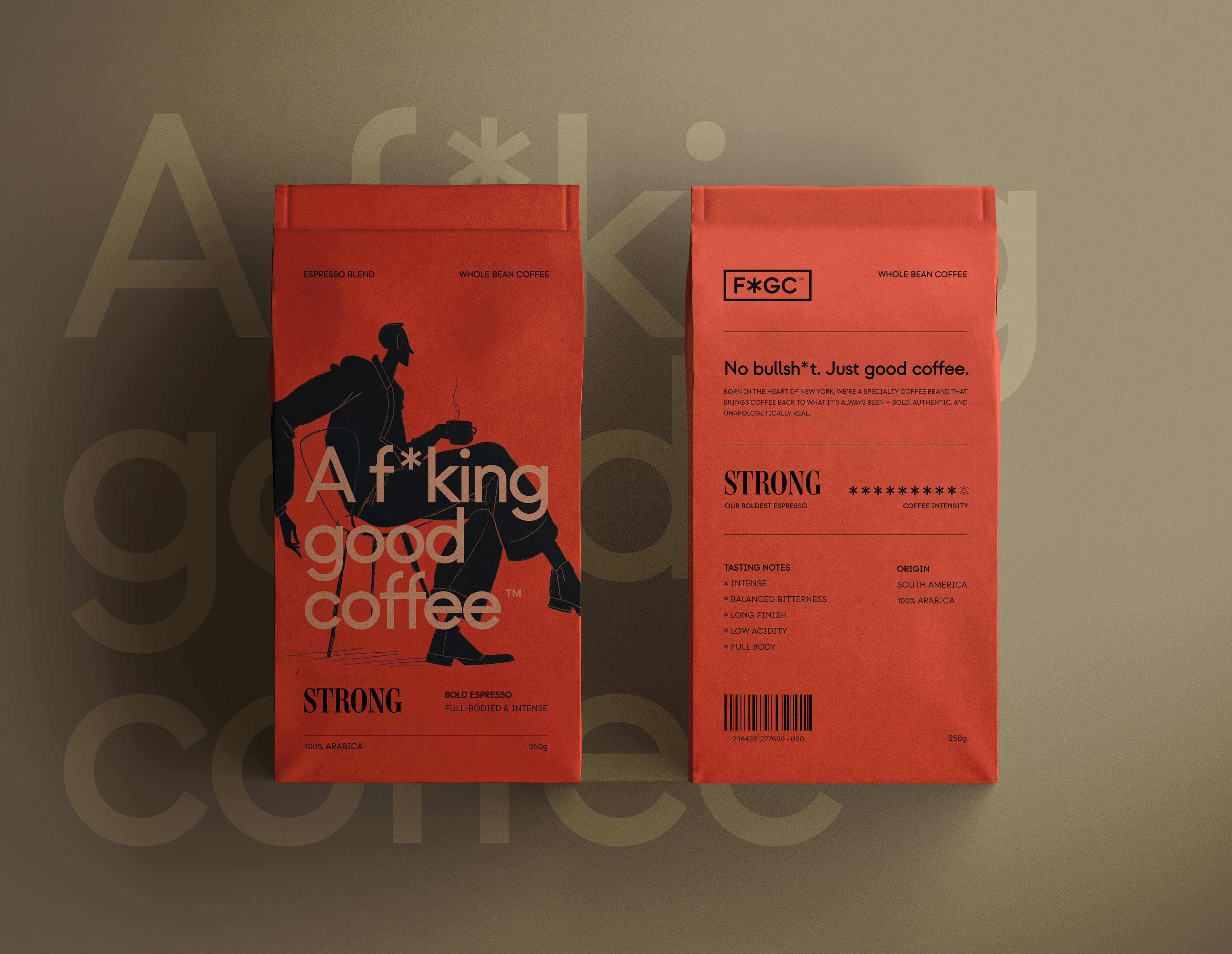 Embalagem de café com ilustração minimalista e slogan "No bullsh*t. Just good coffee."