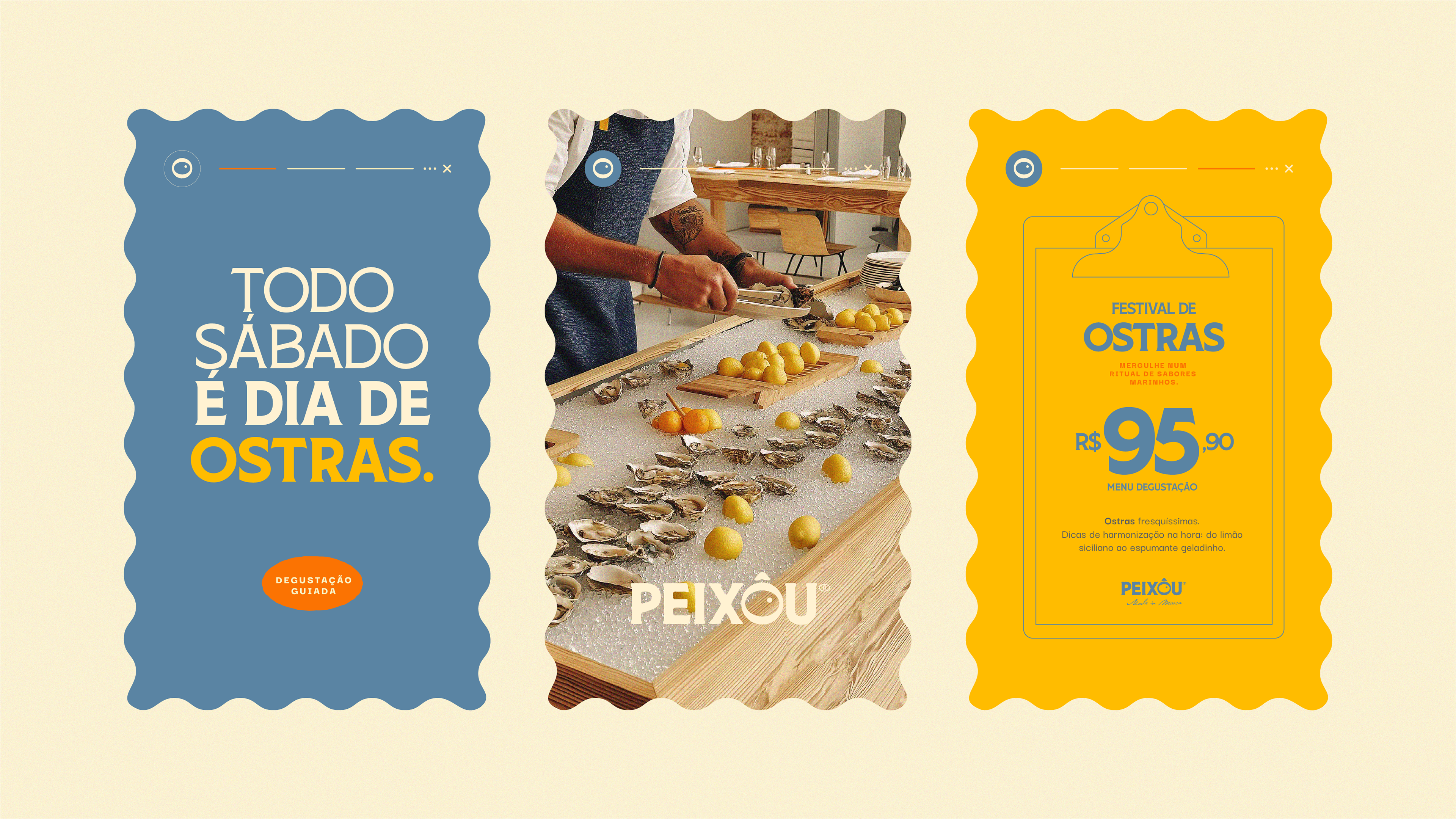 Peças promocionais da Peixou destacando o Festival de Ostras com identidade visual vibrante.