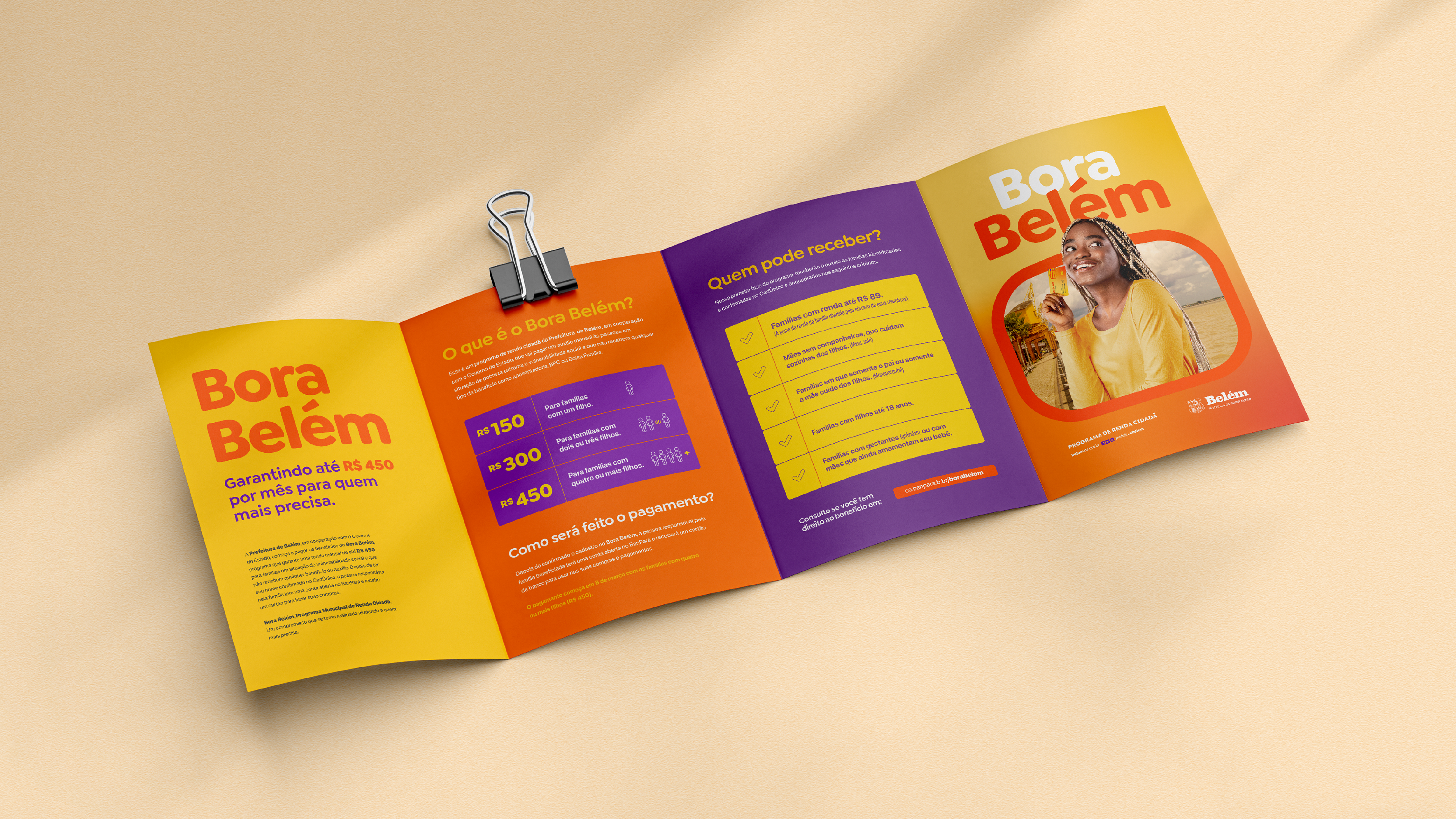 Peças gráficas de comunicação visual do Bora Belém, evidenciando um design funcional e direto, focado na informação clara e no impacto visual para fortalecer a marca.