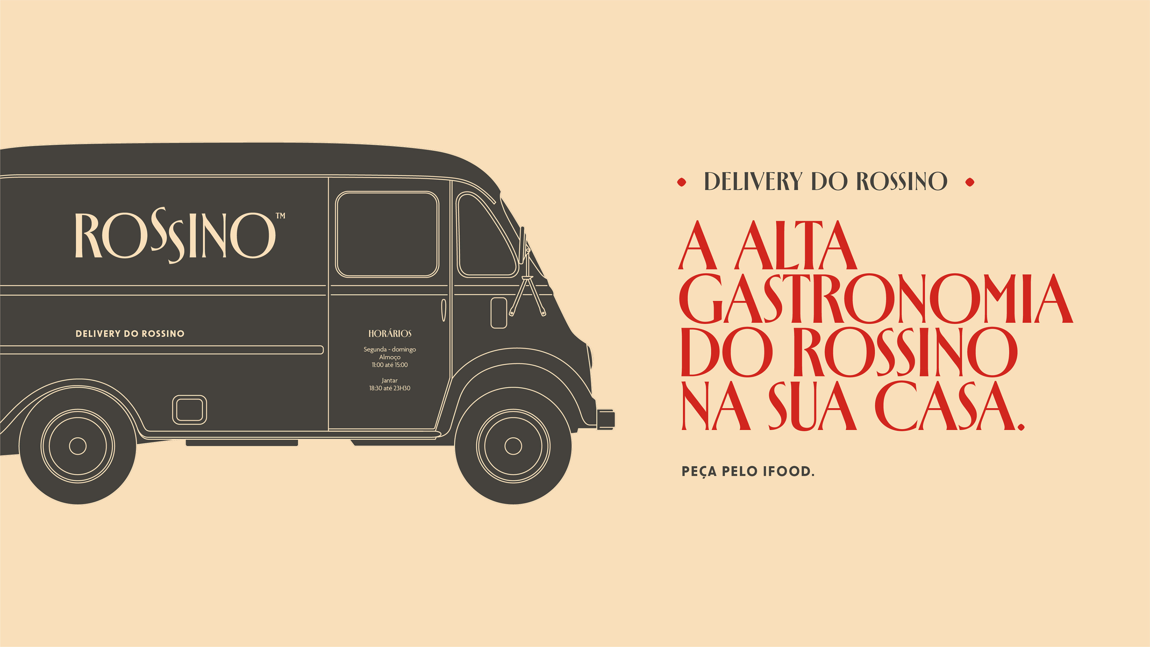 Van ilustrada com logotipo e slogan “A alta gastronomia do Rossino na sua casa”, para branding de delivery premium.