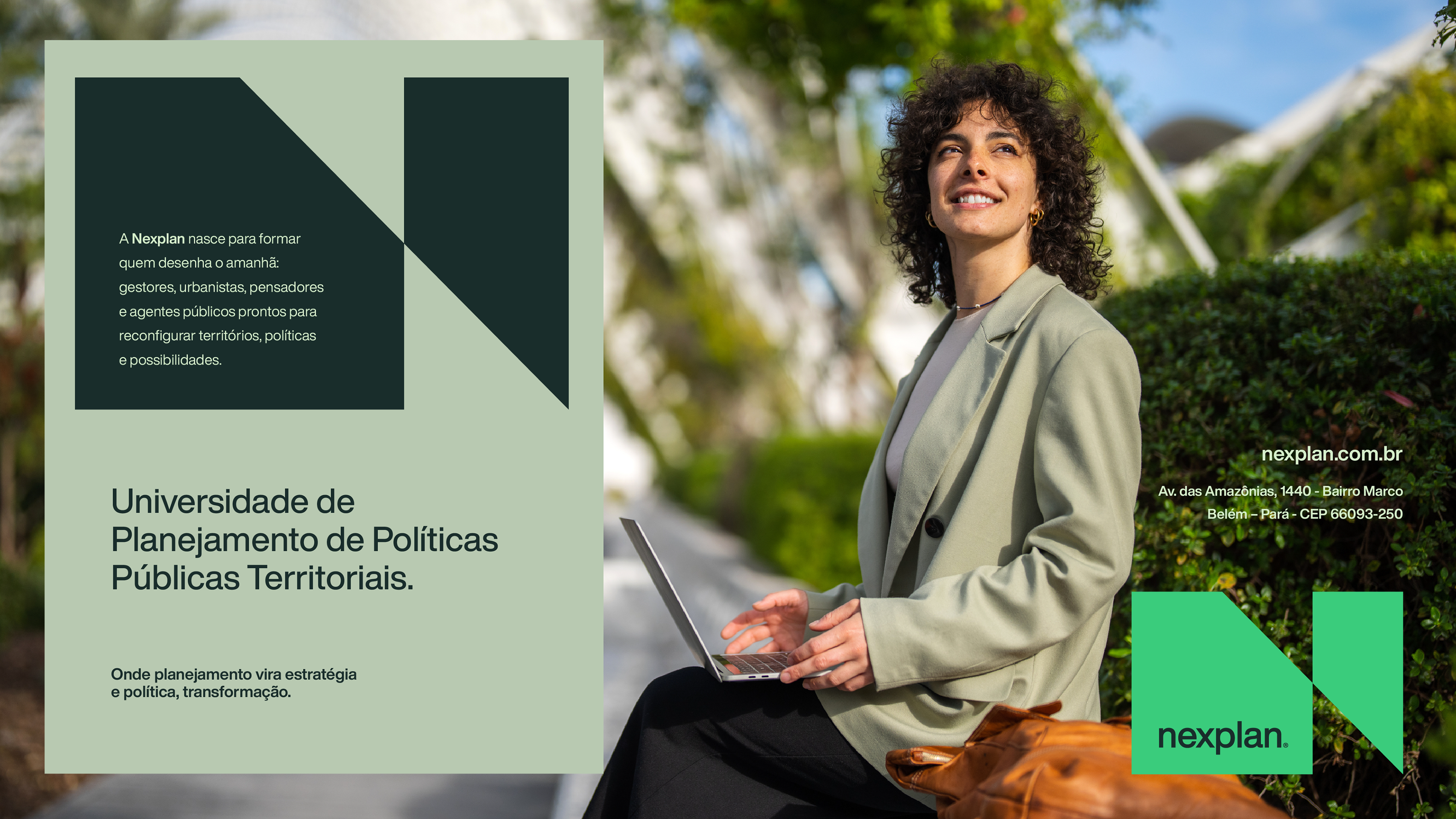 Peça institucional da Nexplan com aplicação da identidade visual, design de marca educacional e slogan voltado para planejamento territorial.