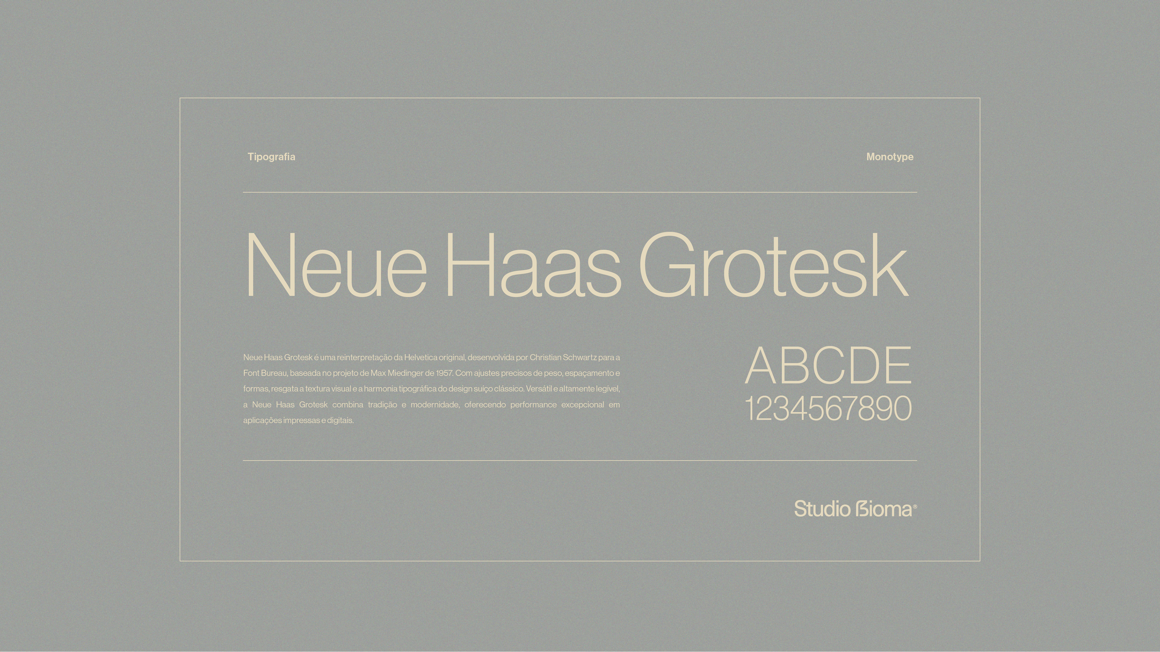 Exibição da tipografia Neue Haas Grotesk utilizada na identidade do Studio Bioma – escolha tipográfica estratégica para branding arquitetônico.