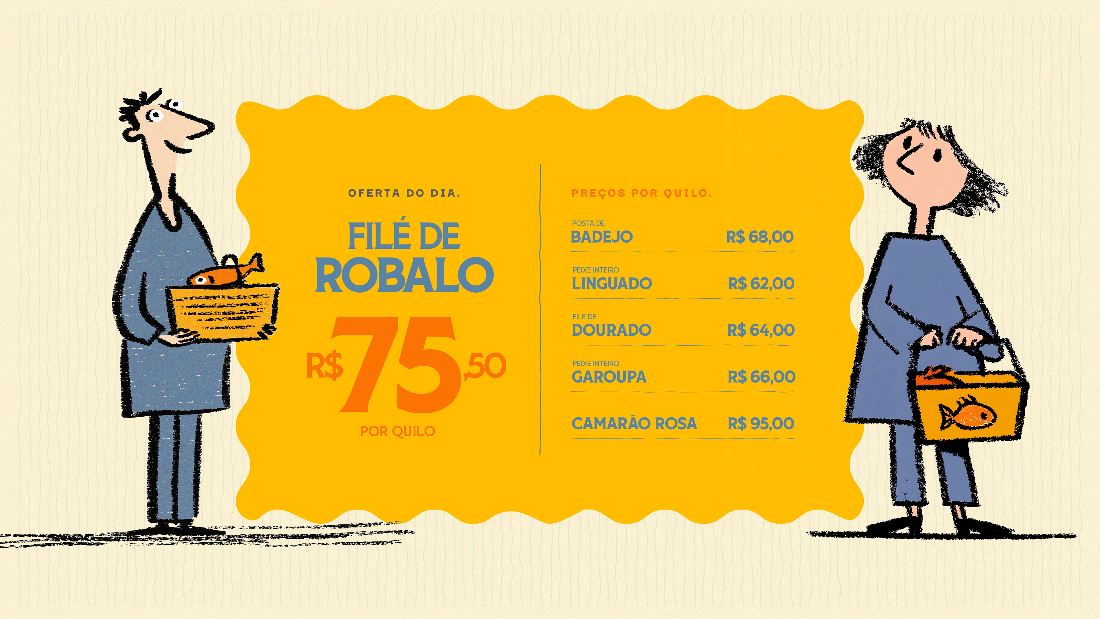 Ilustração de casal com peixes e cardápio de preços com destaque para filé de robalo.