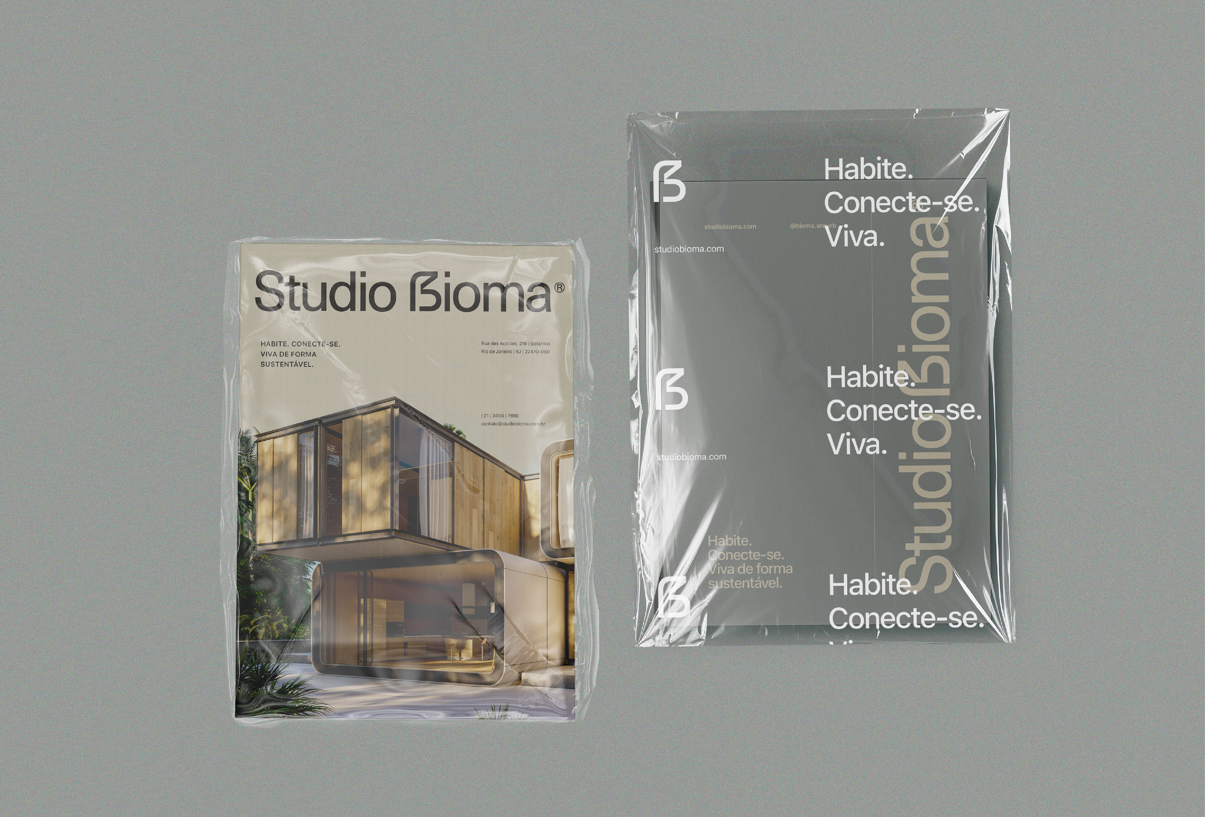 Identidade visual aplicada a embalagem editorial do Studio Bioma – branding impresso com foco em design sustentável e modular.