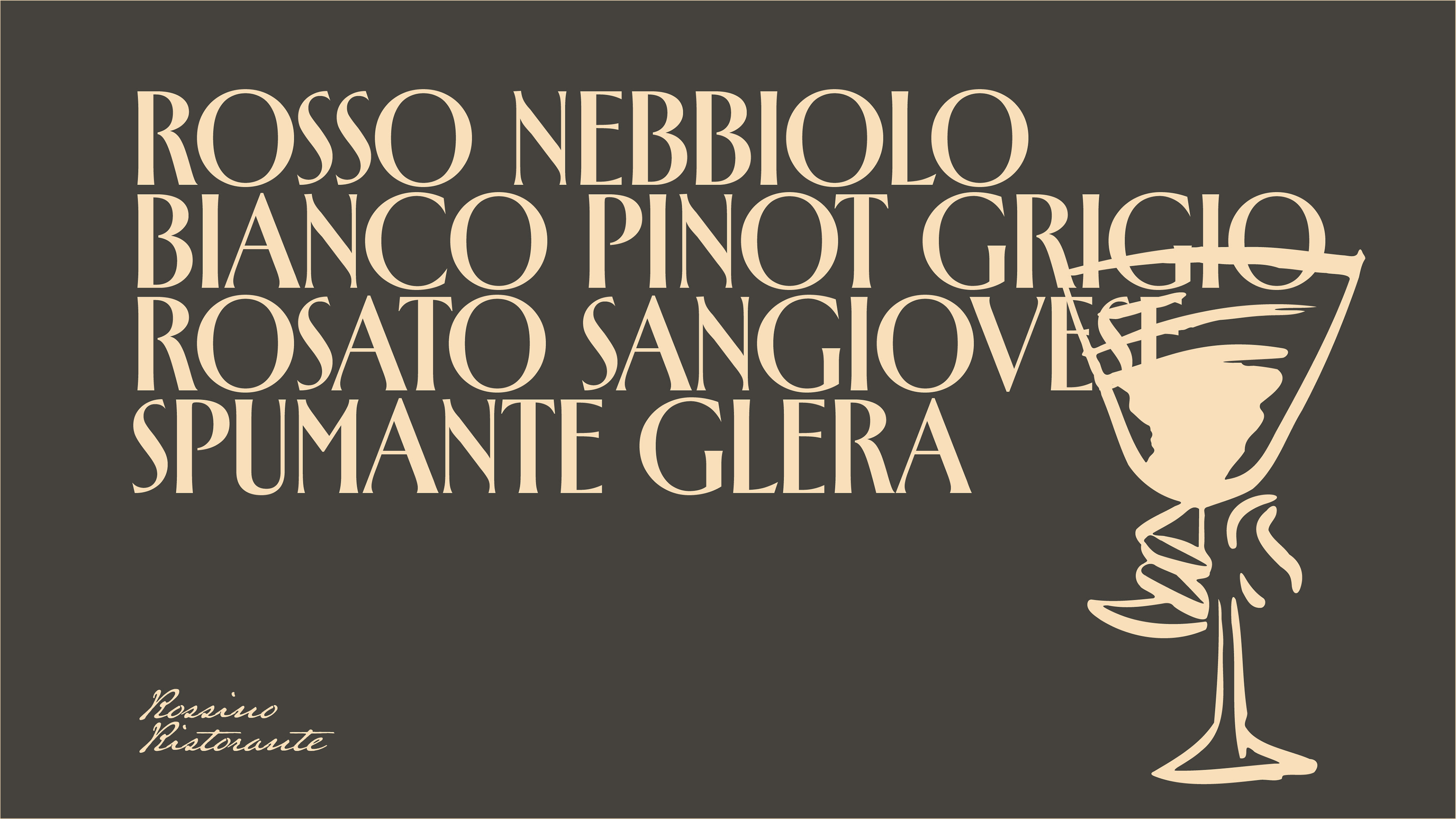 Aplicação da identidade visual do Rossino com nomes de vinhos e ilustração de taça para branding de restaurante.