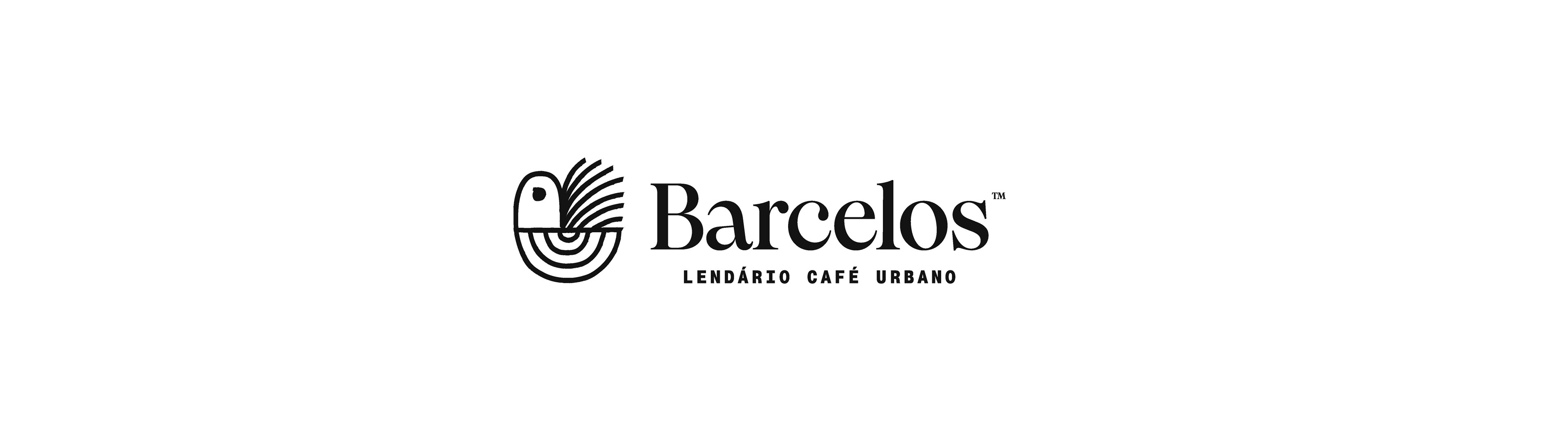 Logo Barcelos Café com ícone do galo estilizado e tipografia clássica, destacando design de marca simples e memorável.