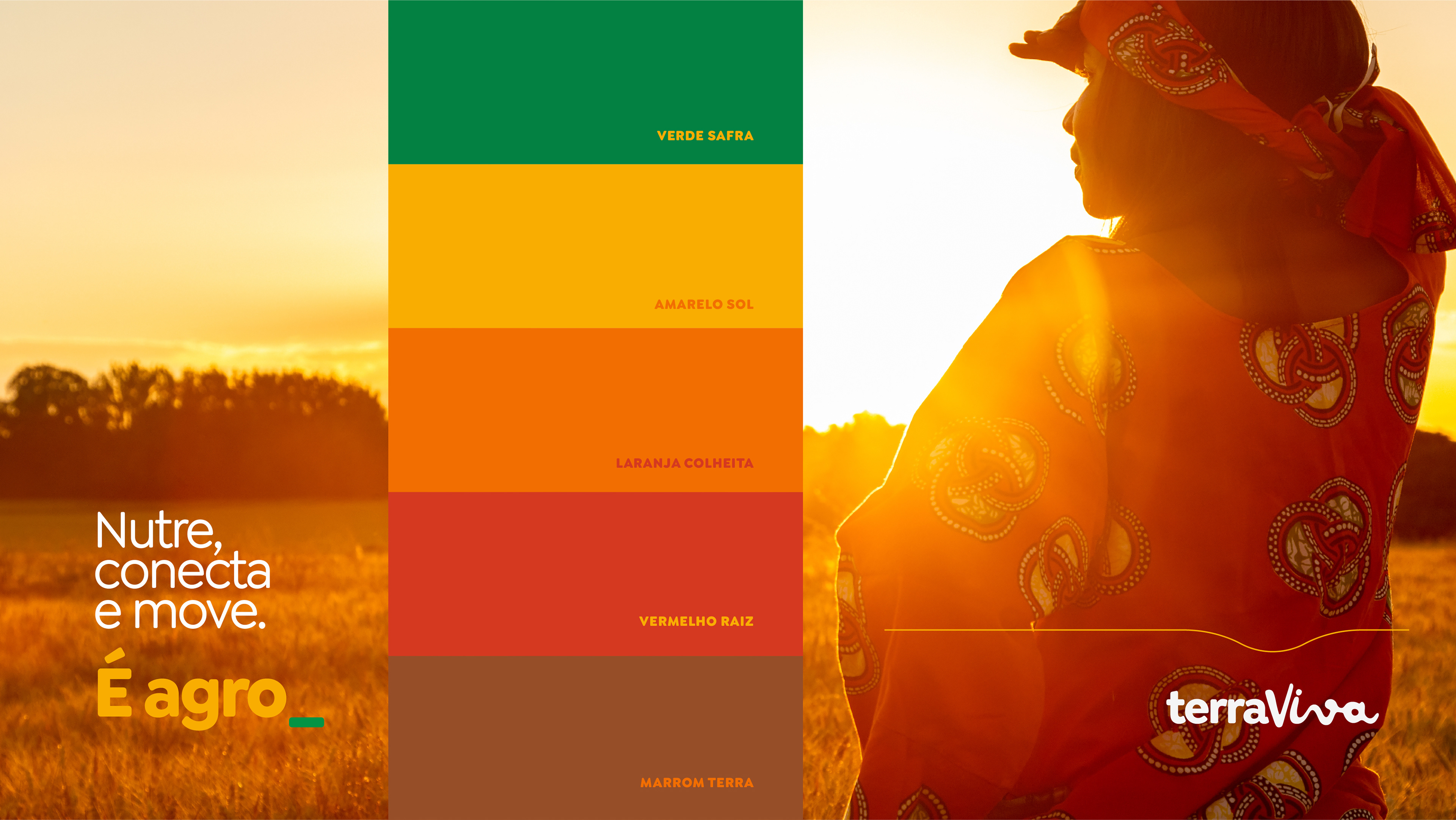 Paleta de cores Terraviva com tons naturais e quentes, integrando Branding e identidade visual agro.