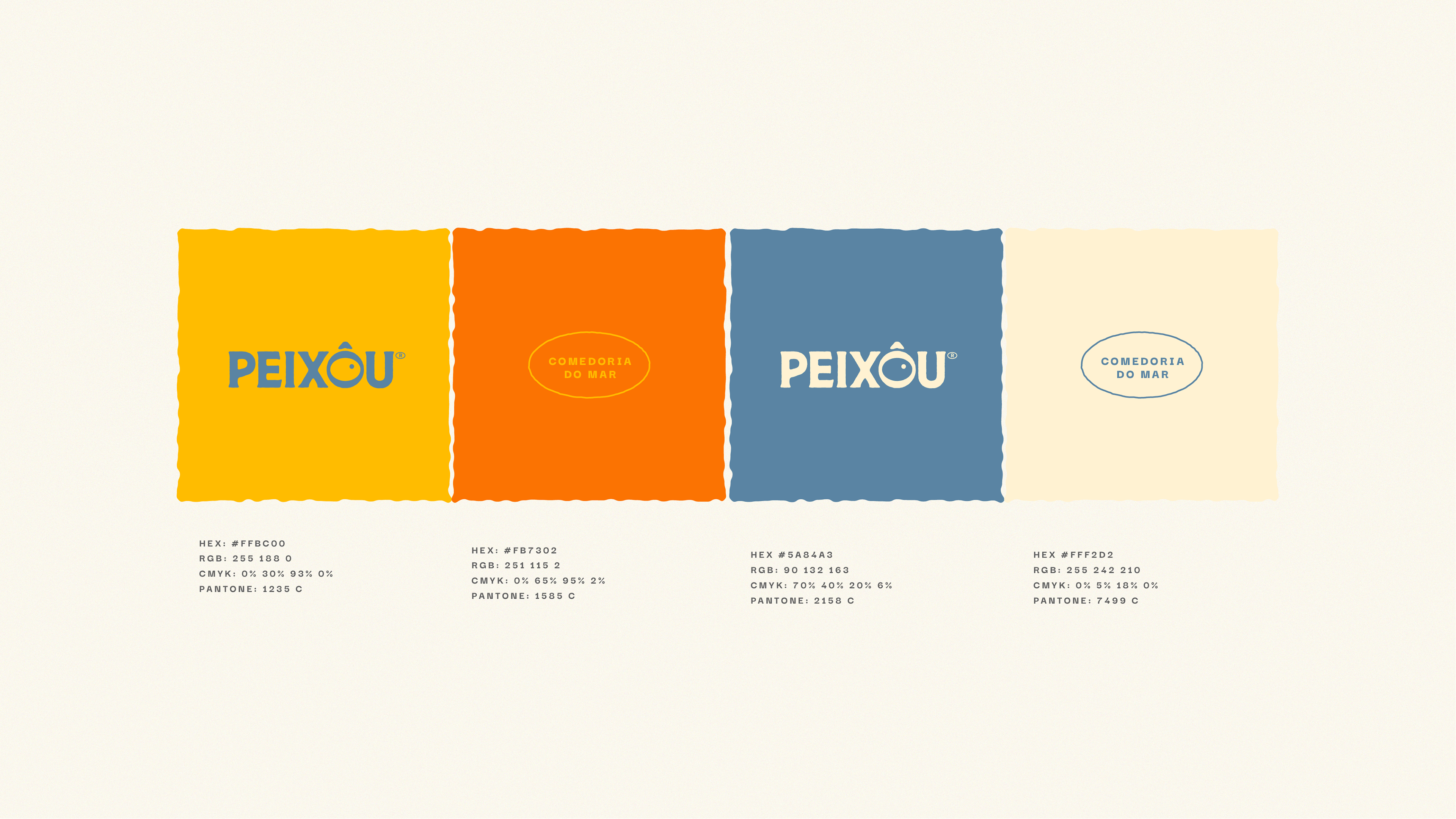 Paleta de cores da Peixou com logos aplicados: amarelo, laranja, azul e bege, com códigos HEX e Pantone.