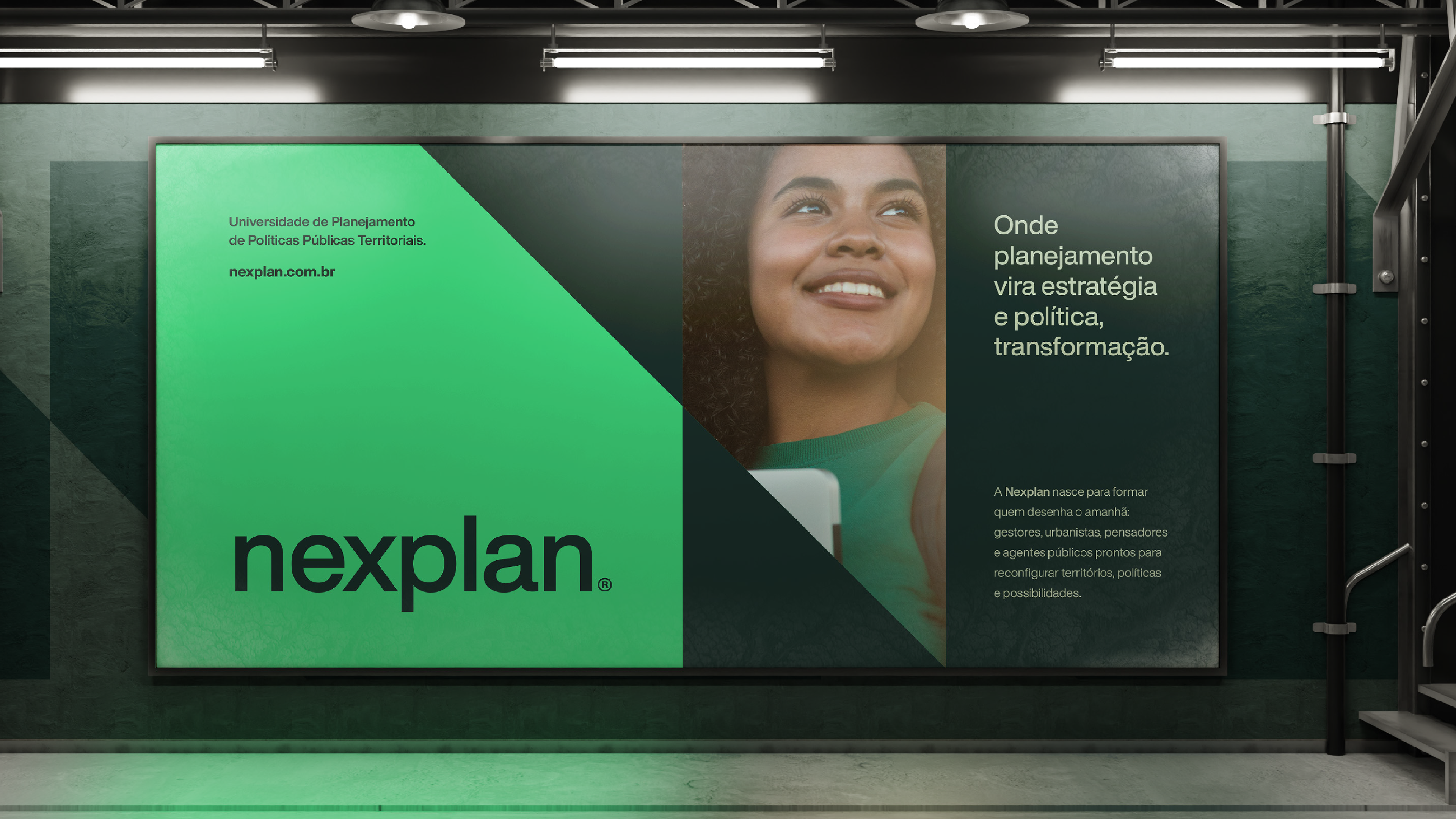 Comunicação urbana da Nexplan com foco em branding, estratégia territorial e transformação social por meio da educação.