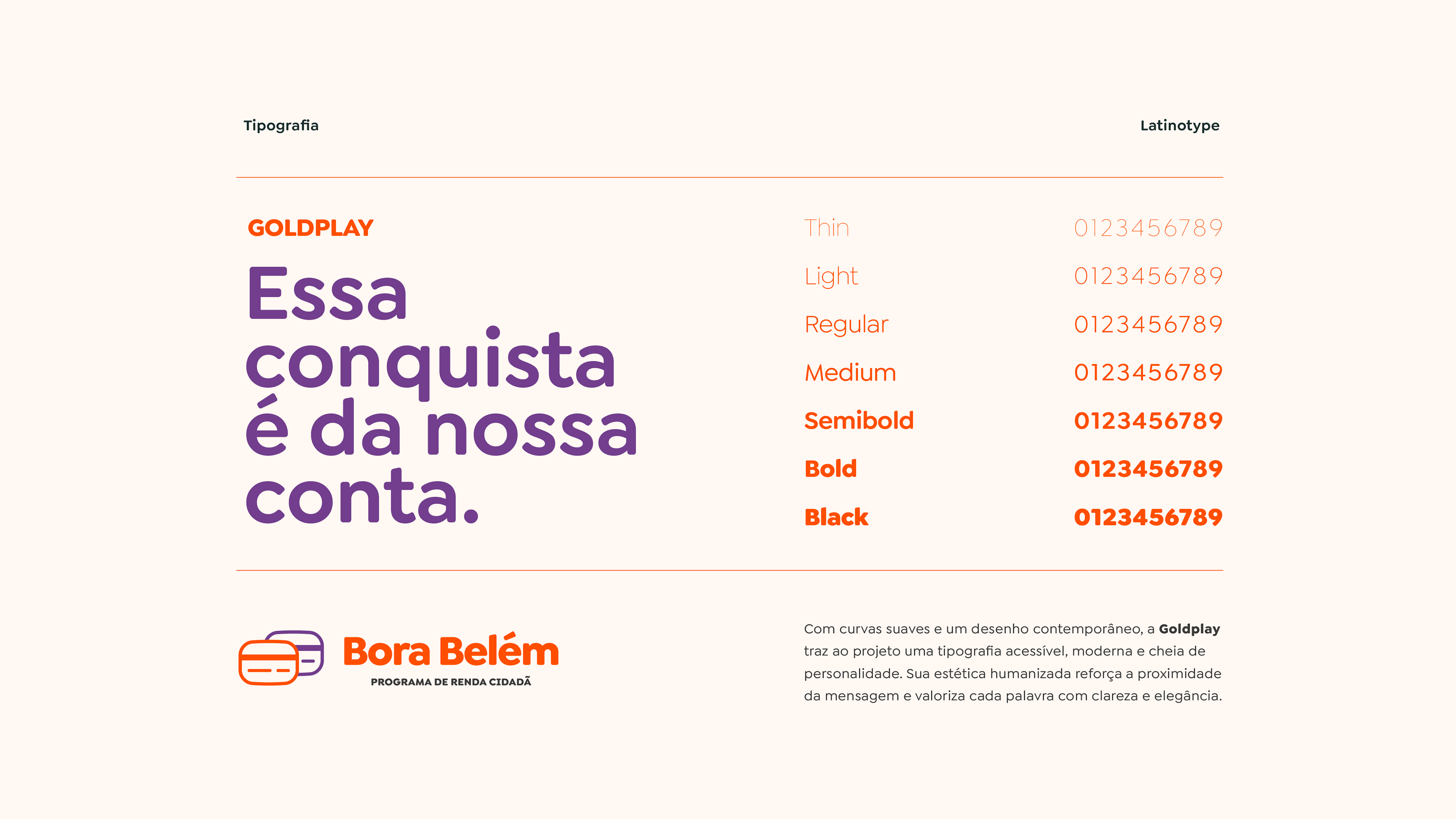 Apresentação da tipografia Goldplay, elemento chave no branding do Bora Belém, com curvas suaves e estética contemporânea que traduz modernidade e acessibilidade.