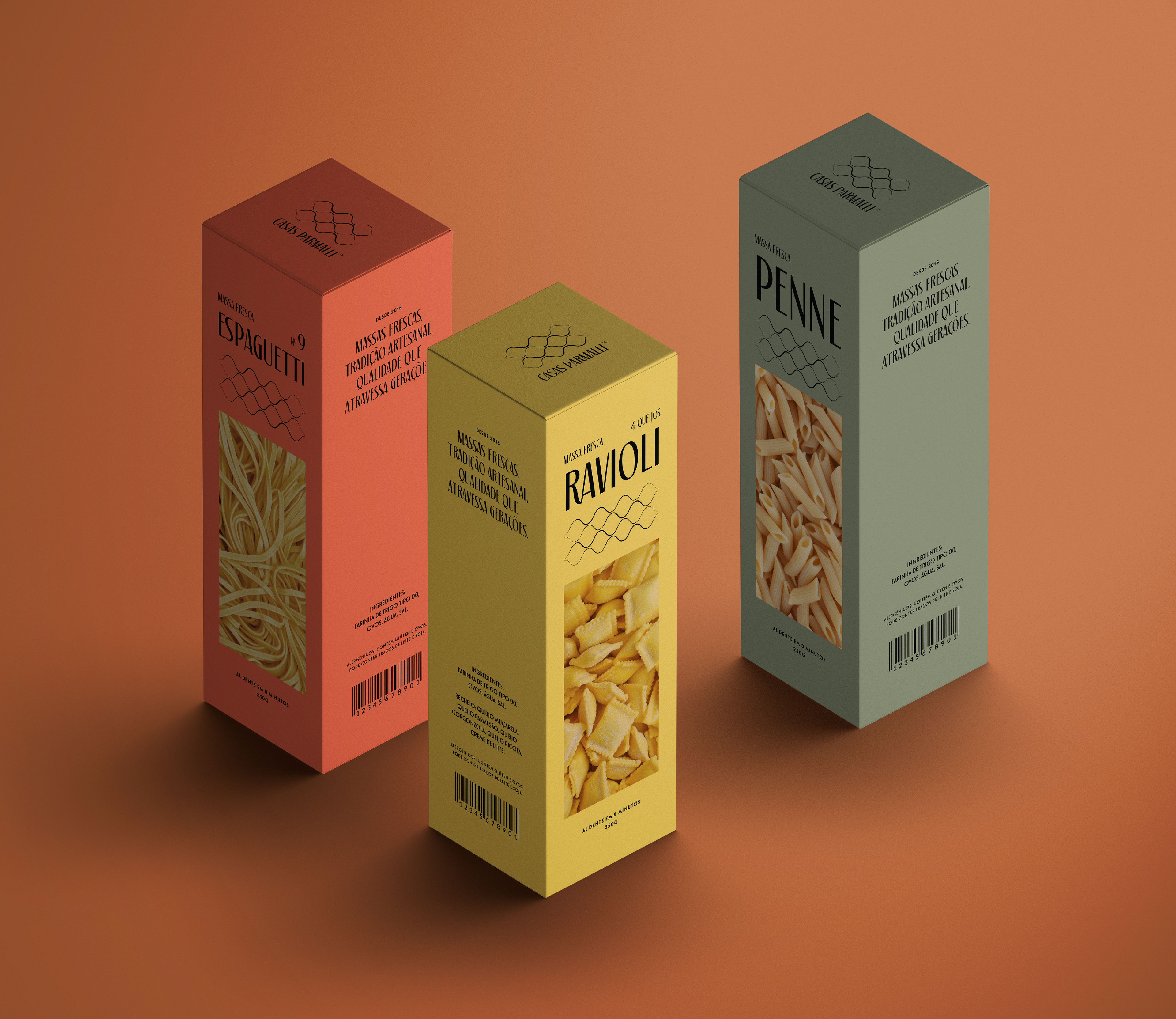 Design de embalagem Casas Parmalli para tagliatelle destacando branding e tradição italiana
